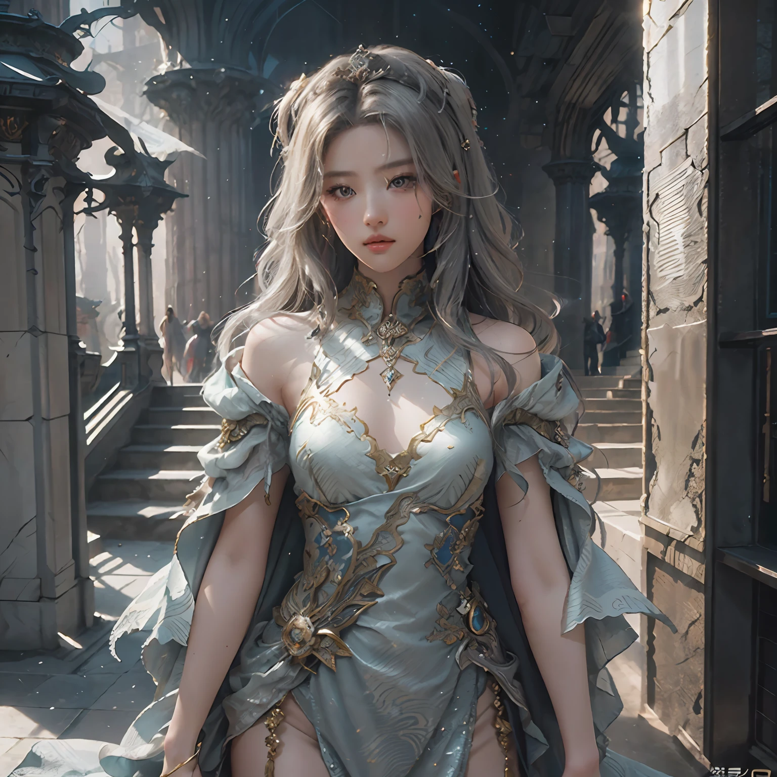 a woman in a silver dress posing for a picture, concept art by Raymond Han, cgsociety contest winner, fantasy art, ((a beautiful fantasy empress)), fantasy dress, a beautiful fantasy empress, karol bak uhd, fantasy gorgeous lighting, fantasy woman, fantasy robe, blonde goddess, style of karol bak, draped in shiny gold and silver, sexy gown