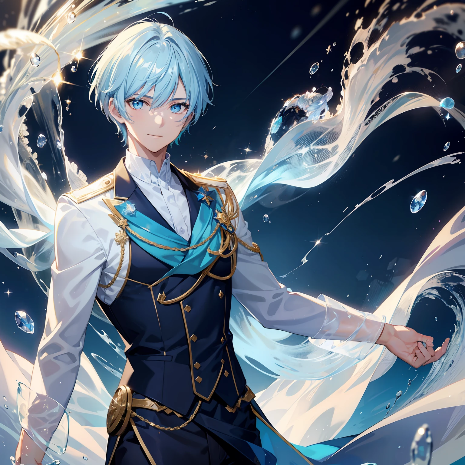 righteous.Very beautiful boy,Light blue shiny hair, hight resolution,Short straight hair,Slender Manly,18 years old, beautiful detailed hair,short short hair,Take down your bangs,Glittering clothes like a white prince,Big, round, Sparkling eyes,The background is a castle. superfine illustration, Dynamic Pose,large round eyes,Gentle eyes,Upper Body Up,Manly,a smile,Water Effects,Light blue flowers