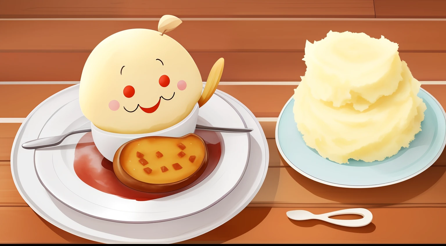Mashed Potato Party,Potato Yuru character dancing with a smile,Men and women eating mashed potatoes,top-quality,watercolor paiting