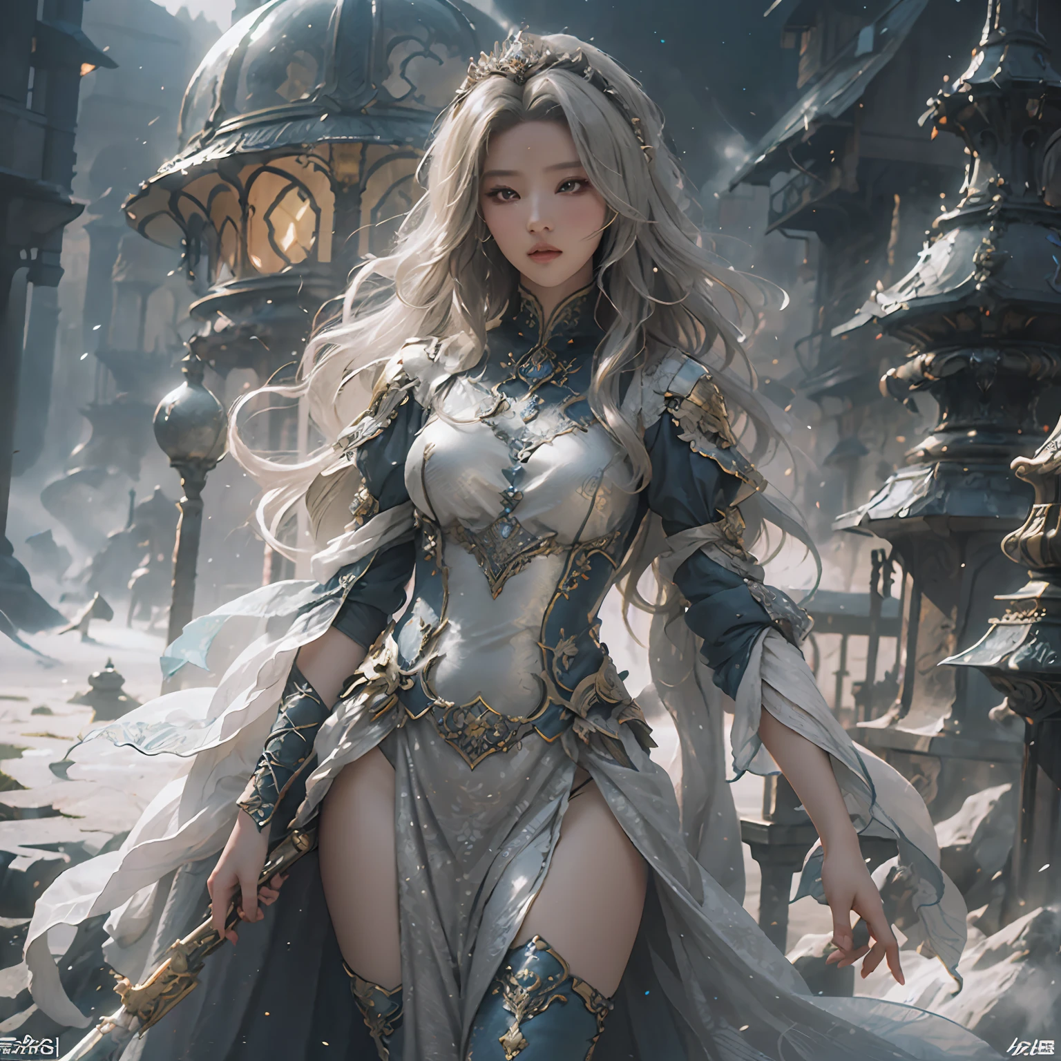 a woman in a silver dress posing for a picture, concept art by Raymond Han, cgsociety contest winner, fantasy art, ((a beautiful fantasy empress)), fantasy dress, a beautiful fantasy empress, karol bak uhd, fantasy gorgeous lighting, fantasy woman, fantasy robe, blonde goddess, style of karol bak, draped in shiny gold and silver, sexy gown