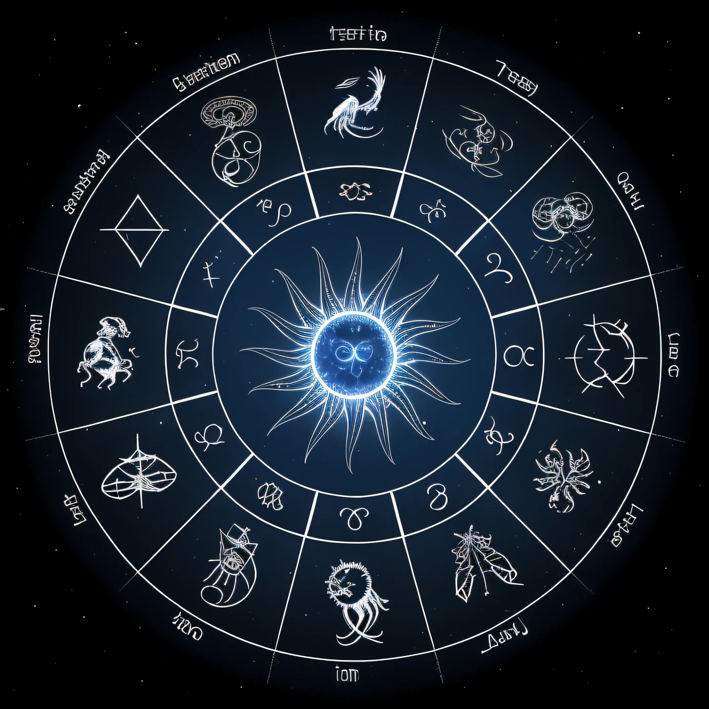The zodiac signs that circle with the sun and moon, constellation, Zodiac signs, astrology, geometry and astrology, zodiac libra sign, unknown zodiac sign, zodiac, very accurate and detailed, Aries constellation, lunar time, with a star - chart, constellation, cosmic sun in the background, magick symbols, jungian symbols of winter, Occult signs,Generate a clock with 12 zodiac signs
