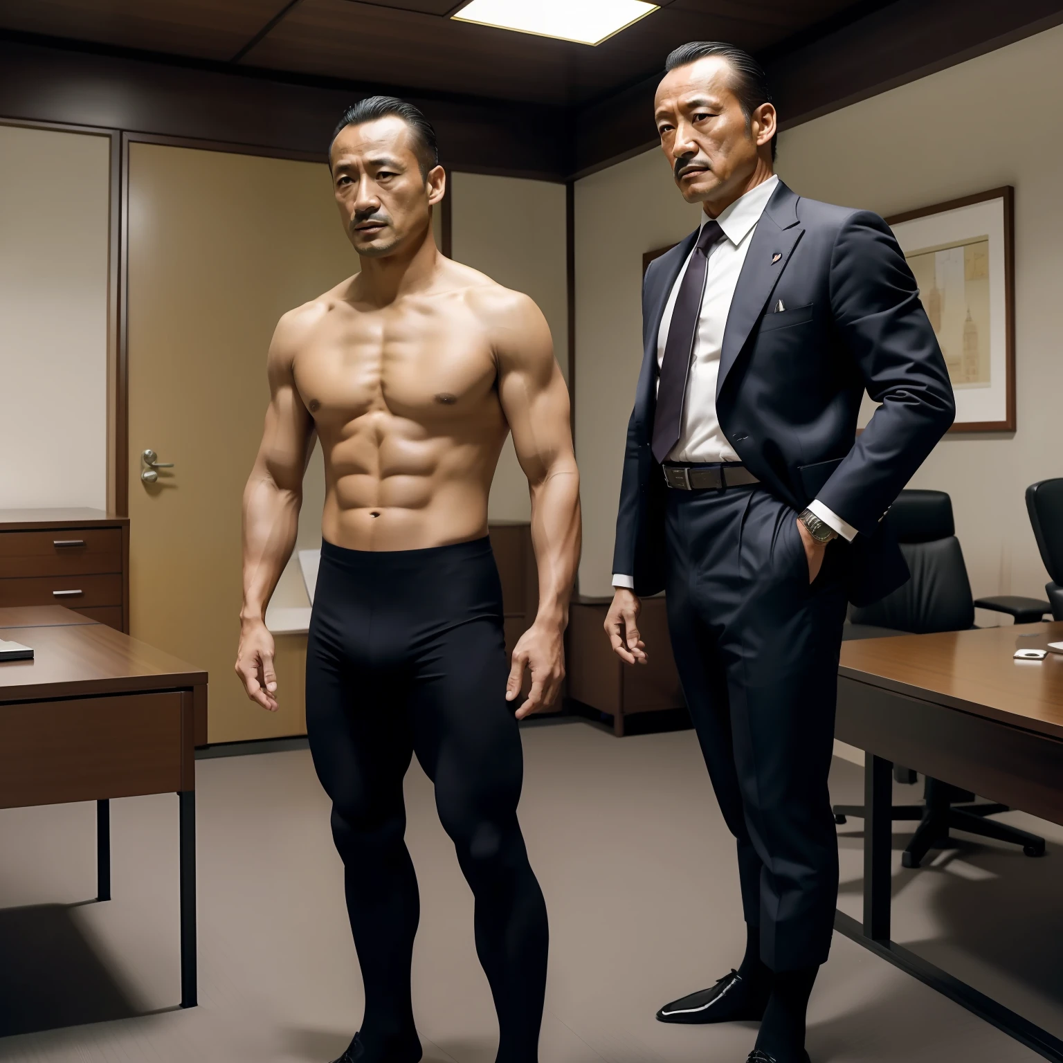 50yearsold，Hidetoshi Nakata，（Kogoro Mouri 1.3），Shirtless，Tong，Bulge，office room，black long socks，Thin，musculature，lbeard，fortitude，artwork of a，tmasterpiece，k hd，are standing，Upward view