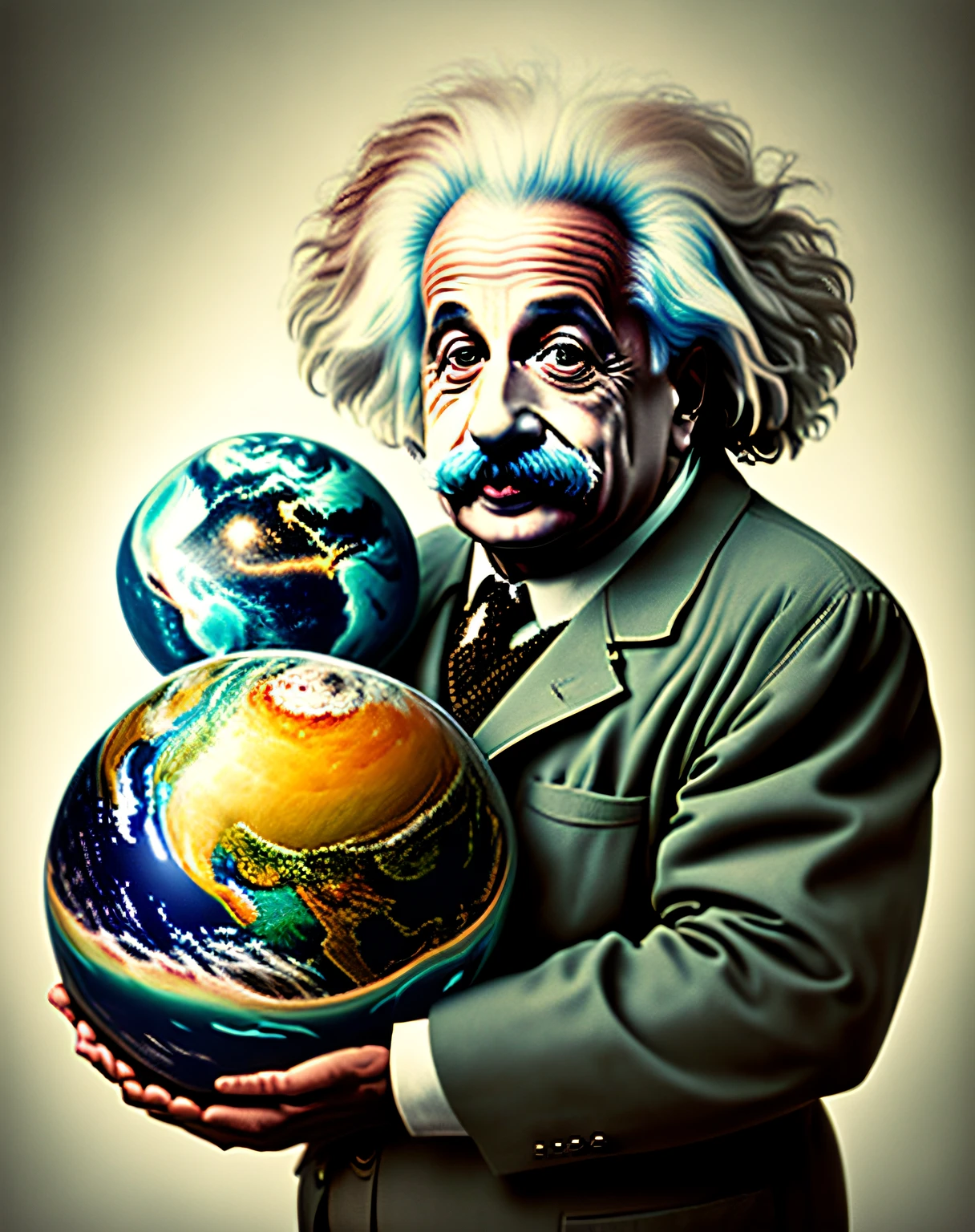 Einstein Looking Forward Holding Planet Earth in His Hands