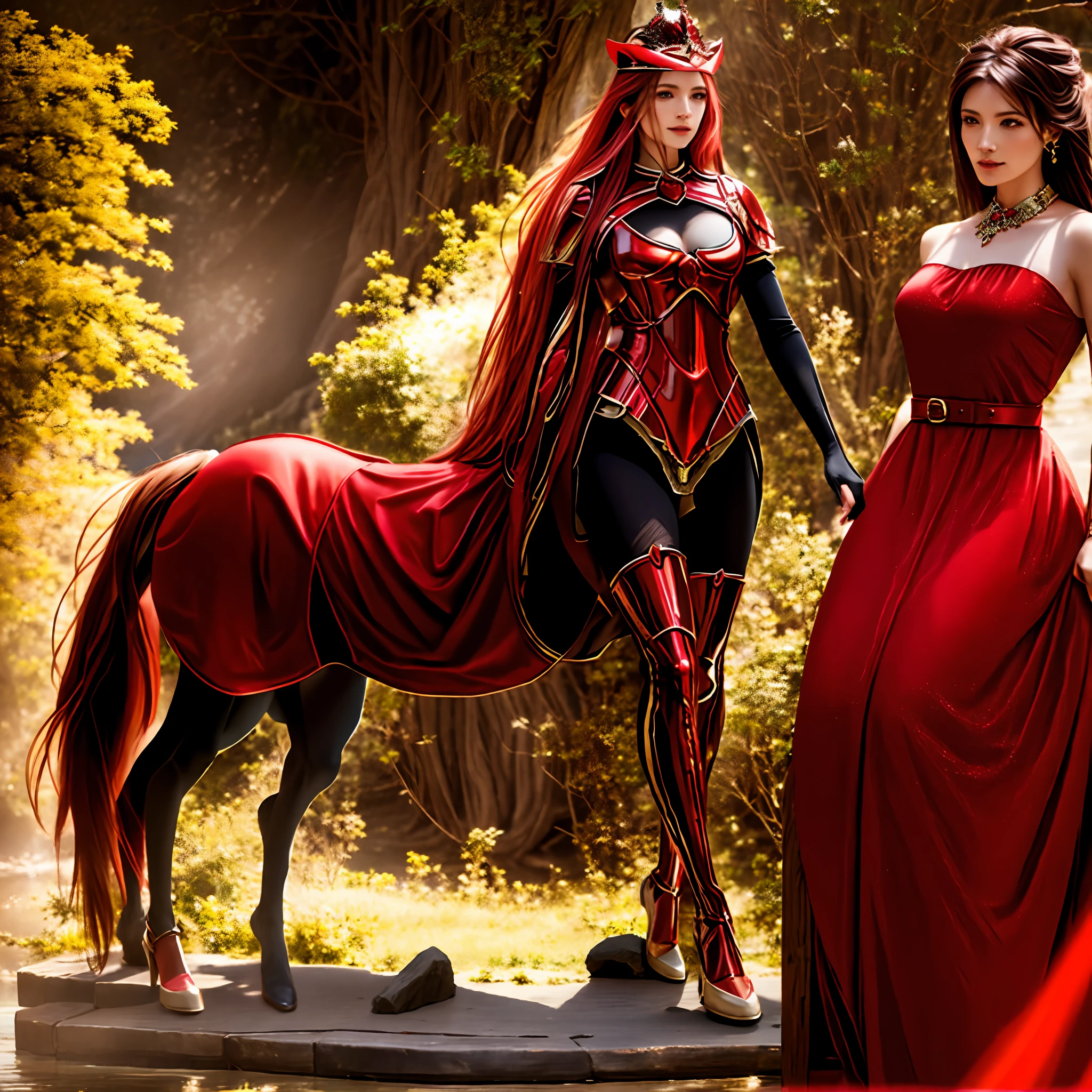 There was a woman dressed in red standing next to a horse, anthropomorphic mare, (rendering by octane) Fantasy style, stuning fantasy 3 d render, lady in red armor, fantasy render, realistic fantasy rendering, 3 D rendering character art 8 K, 3 d goddess minerva, centaur horse, centaur horse, of a beautiful female knight