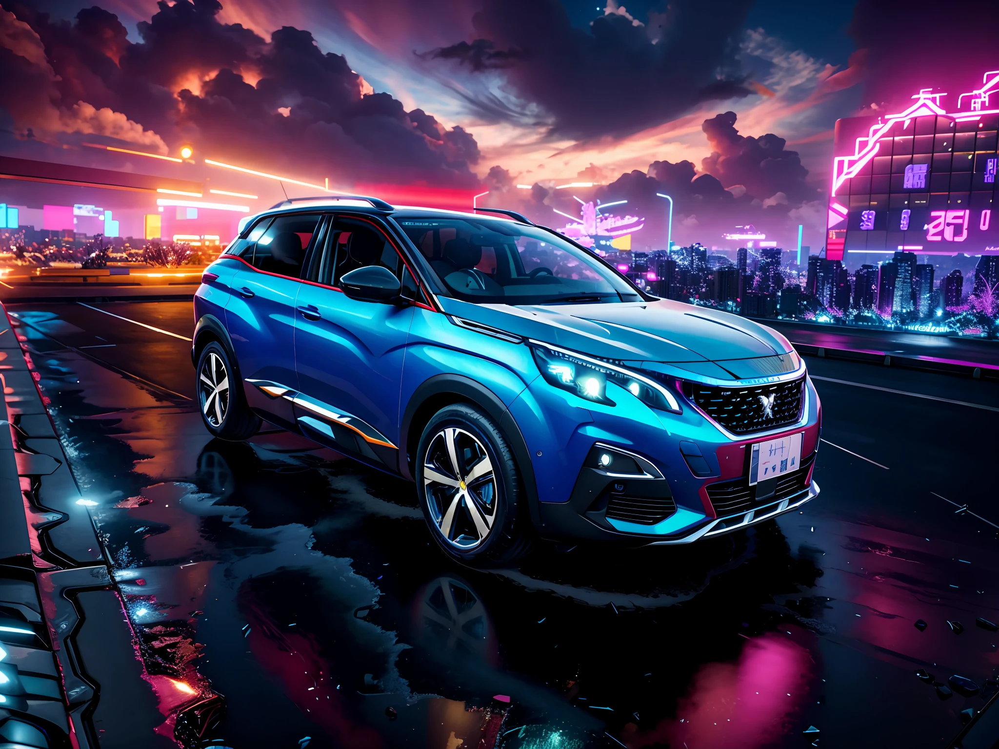 vaporwave style, peugeot 3008, cyberpunk city, hyperdetailed, intricately detailed, deep color, 8k resolution, photorealistic, masterpiece, cinematic lighting, bokeh, unreal engine 5, octane render, cinematic smooth