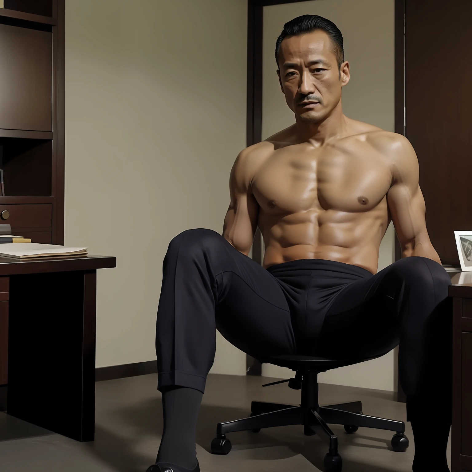 50yearsold,Hidetoshi Nakata,(Kogoro Mouri 1.3),Shirtless,Tong,Bulge,office room,black long socks,Thin,musculature,lbeard,fortitude,artwork of a,tmasterpiece,k hd,