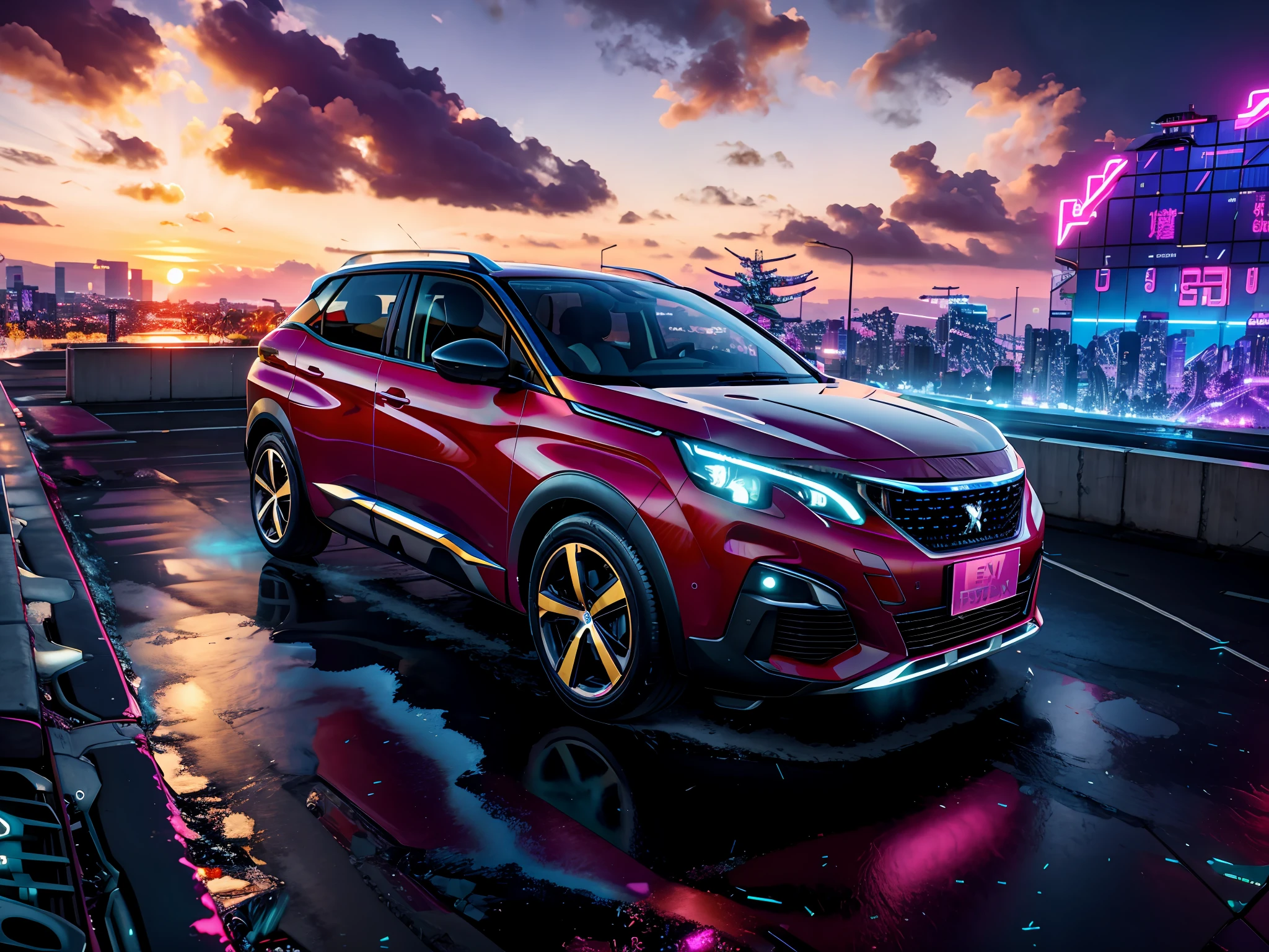 vaporwave style, peugeot 3008, cyberpunk city, hyperdetailed, intricately detailed, deep color, 8k resolution, photorealistic, masterpiece, cinematic lighting, bokeh, unreal engine 5, octane render, cinematic smooth