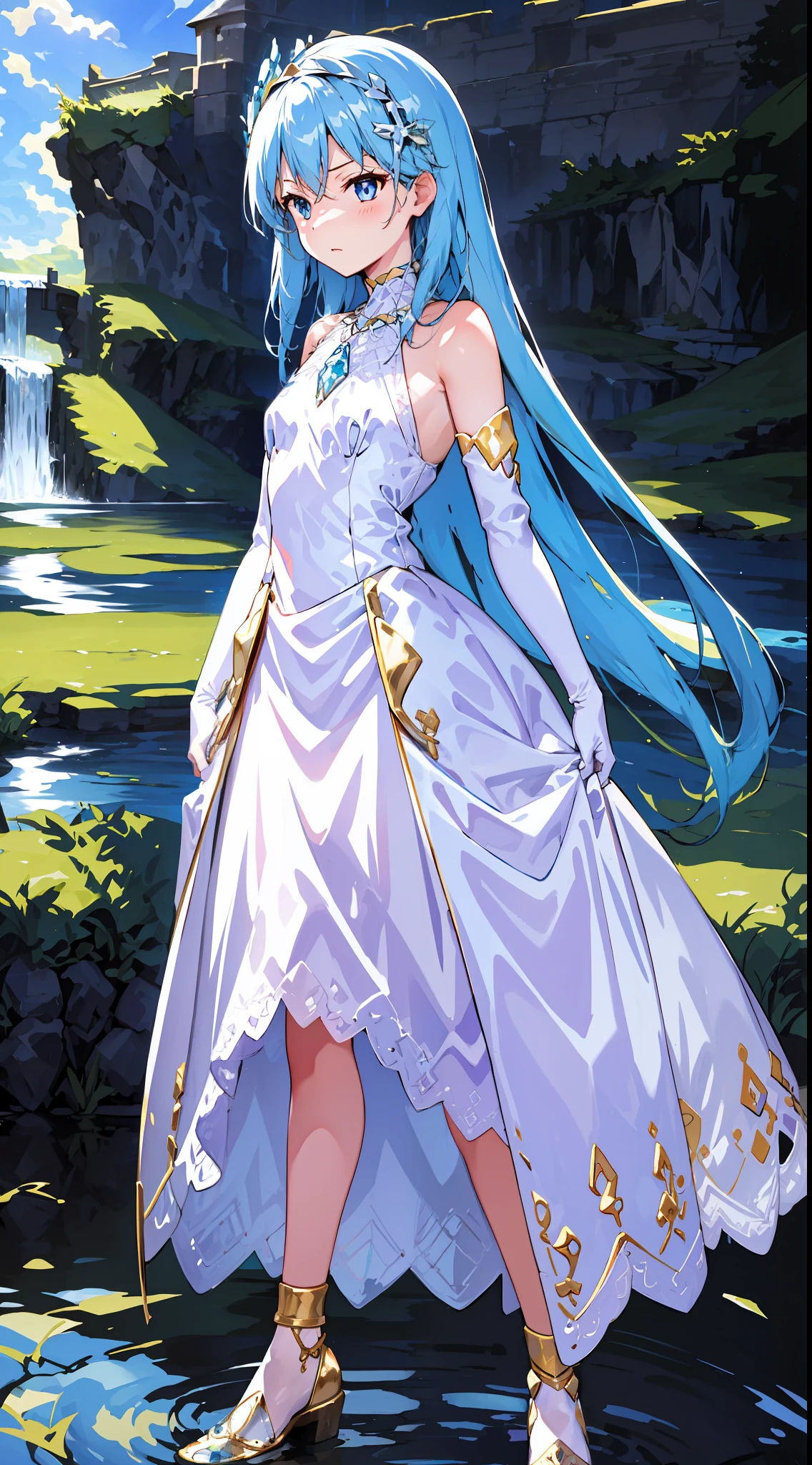 head gear，Gem Necklace，（white dresses，Purple lace），Long-sleeved lace gloves，Crystal heels，Fantasy art，with blue sky and white clouds，small bridge flowing water，（Long platinum hair，sapphire blue eyes），