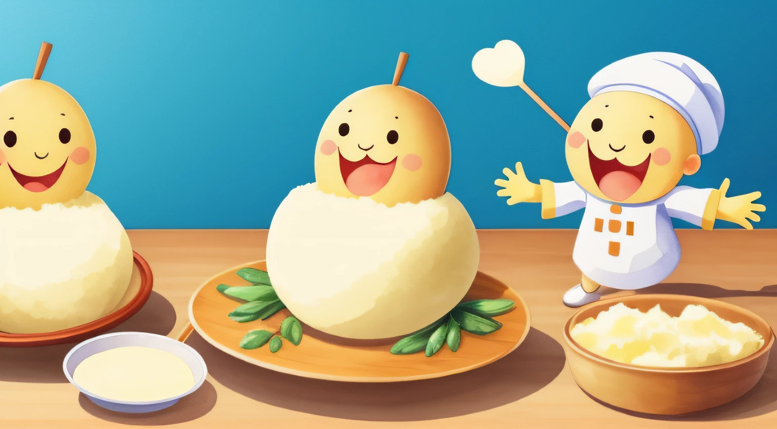 Mashed Potato Party,Potato Yuru character dancing with a smile,Men and women eating mashed potatoes,top-quality,watercolor paiting