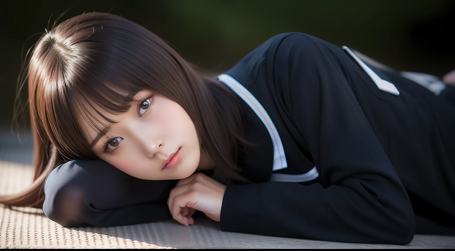 tmasterpiece,best qualtiy,ultra - detailed,illustratio,Colorful,Falt color,depth of fields,lens flare glow,1girll,japanese beautiful woman,Royal sister style,Sexy style,sitted,brunette color hair,looking at viewert,schools,Classroom,Pleated miniskirt,校服,serafuku,black pantyhoses,Detailed skin texture,Fine cloth texture,Nice and delicate face,huge tit,Blush,