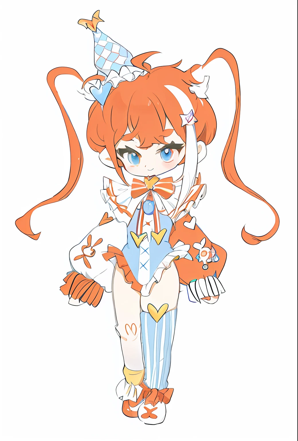 Cartoon drawing of a girl in a clown hat and a clown costume, style of magical girl , full body adoptable, small curvaceous loli, double tails, pretty anime character design, character adoptable, portrait of magical girl, magical little girl, character art of maple story, cute character, [ Character design ], Anime character design,