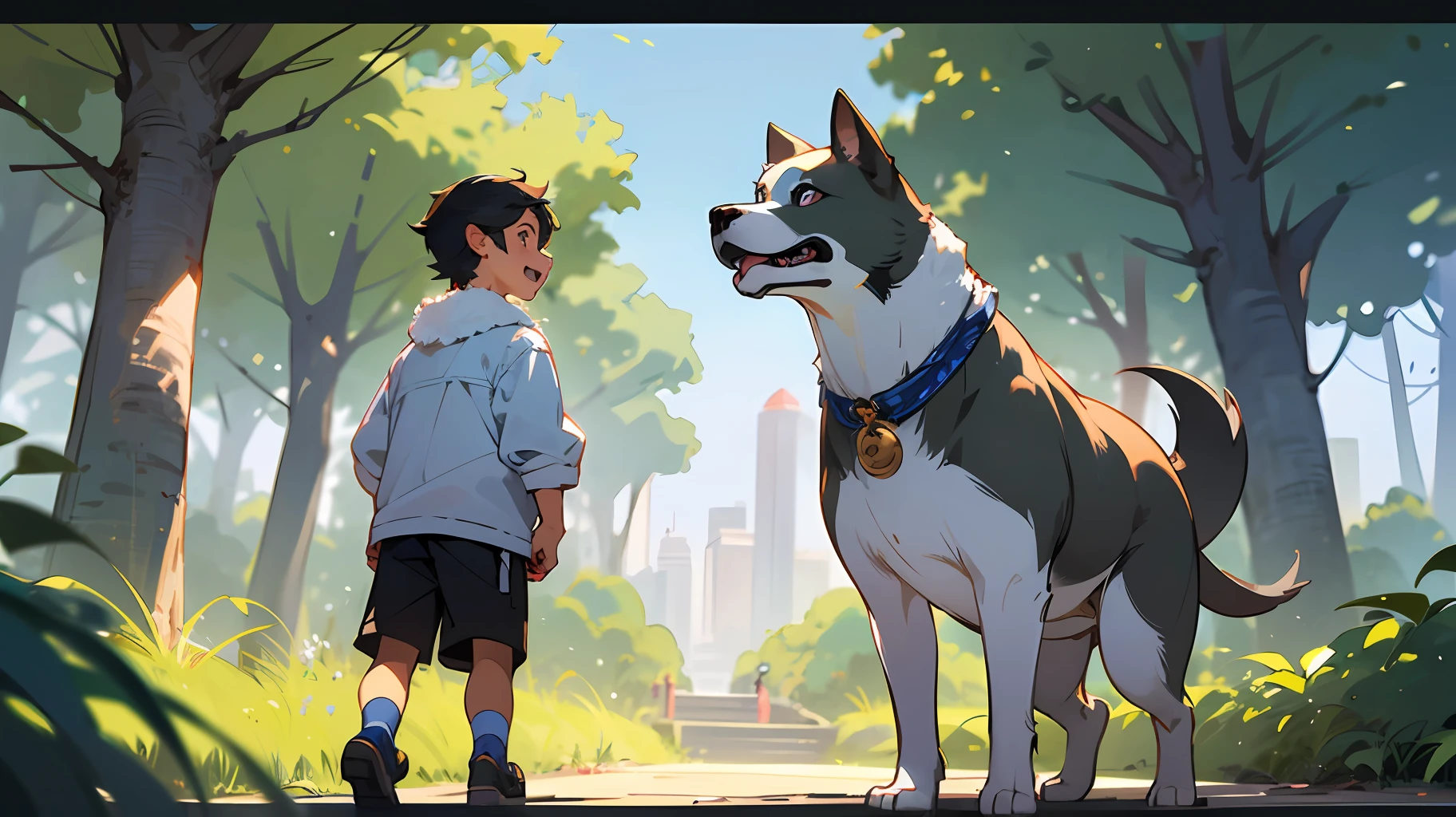 title: “The Unexpected Encounter”
Toninho, a curious and cheerful boy, was playing in the park when he stumbled upon a pitbull with shimmering white fur, whom he named Pearl. Initially frightened, Toninho soon realized that Pearl was gentle and friendly. They quickly became best friends and began to explore the world together. --auto --s2