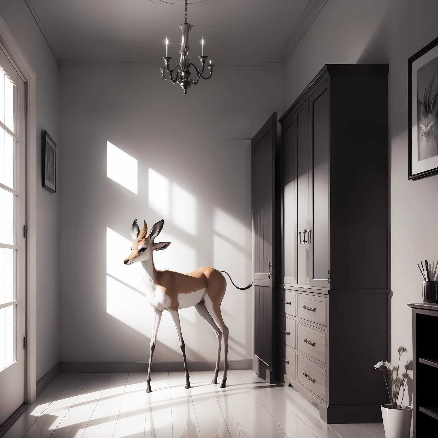 skinny gazelle, small antelope, in a room, mirror, high resolution, fantasy drawing, pencil strokes, black and white