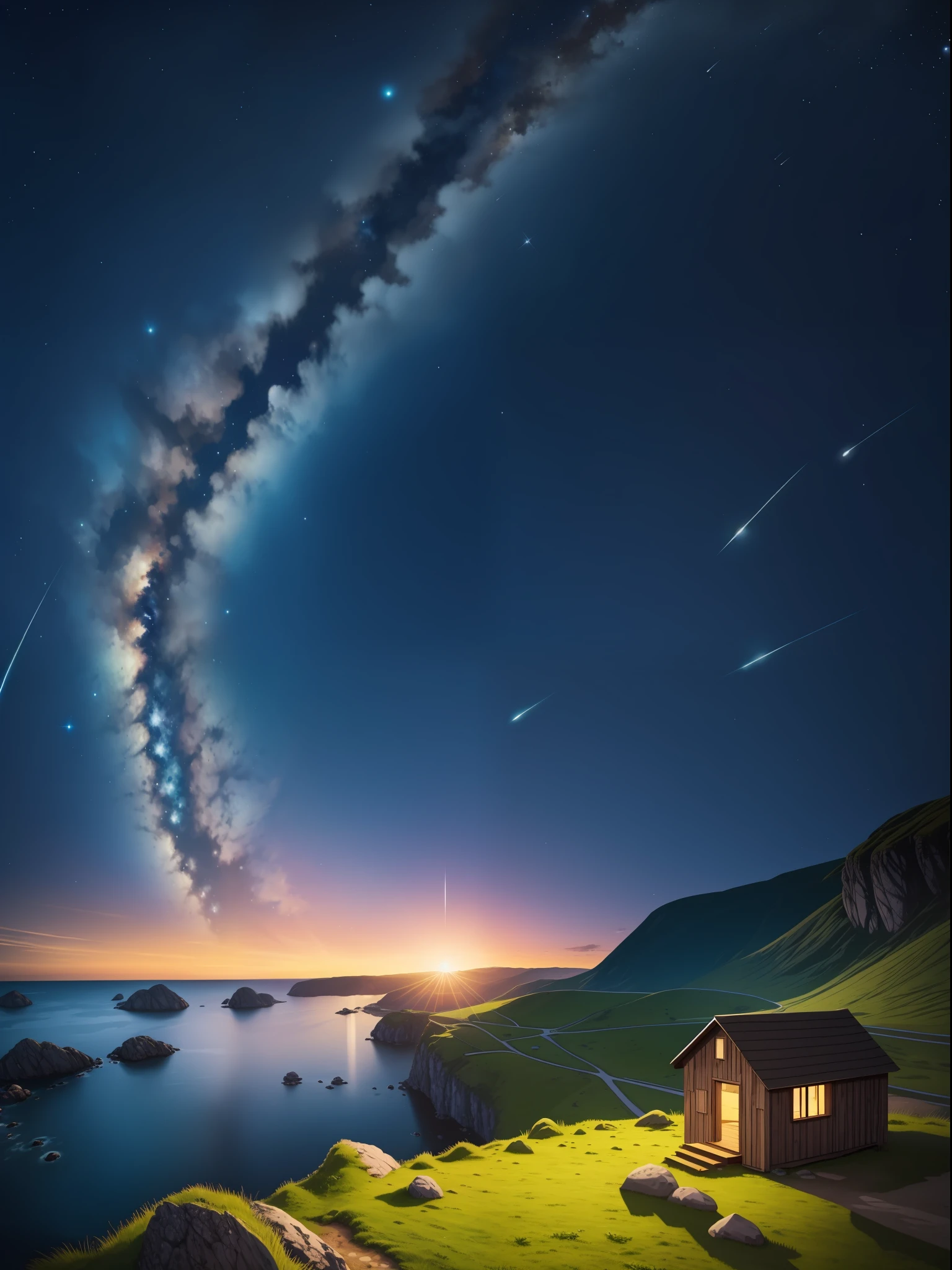 Masterpiece, hd quality, high resolution, realistic, wide place, grass, rocks, Shack, milky way, stars, comets, night, full colour, hd sky, high graphics, 1girl, sit, View from above, Sky view, no cloud