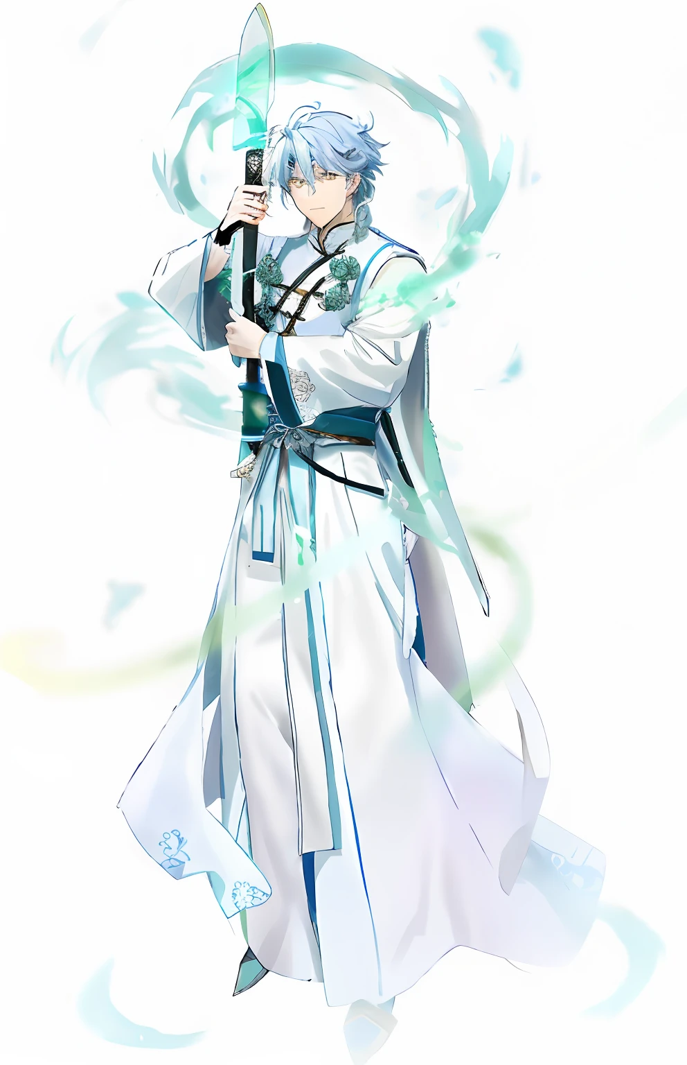Anime characters dressed in white and blue holding swords, zhao yun, heise jinyao, zhang daqian, Inspired by Bian Shoumin, Inspired by Huang Shen, full-body xianxia, Inspired by Shen Zhou, Keqing from Genshin Impact, Inspired by Cao Zhibai, Inspired by Zhao Yuan, flowing white robe