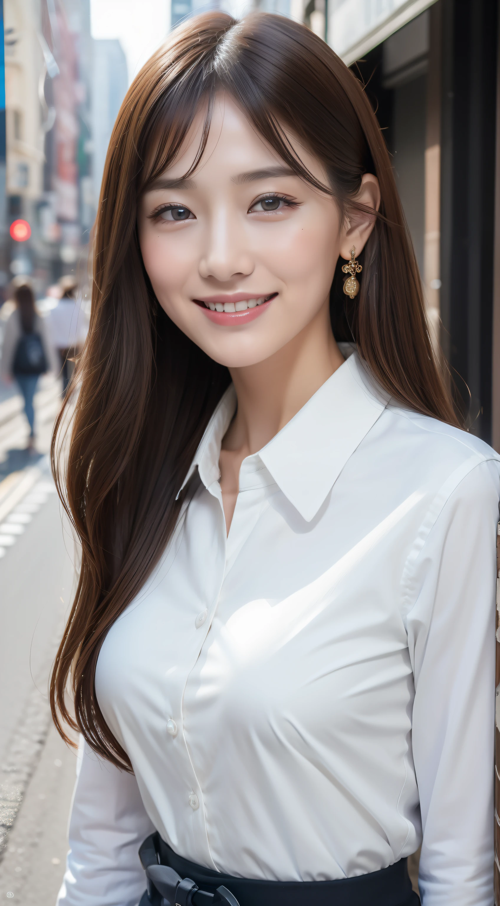 ((top-quality、8K、​masterpiece:1.3))、1girl in、A smile、full body Esbian、Slim Faces、Pretty women、(dark brown  hair)、(White button-up long shirt:1.1)、hyperdetailed face、A detailed eye、二重まぶた、blured background、Slim Faces、城市、takeout、a street、