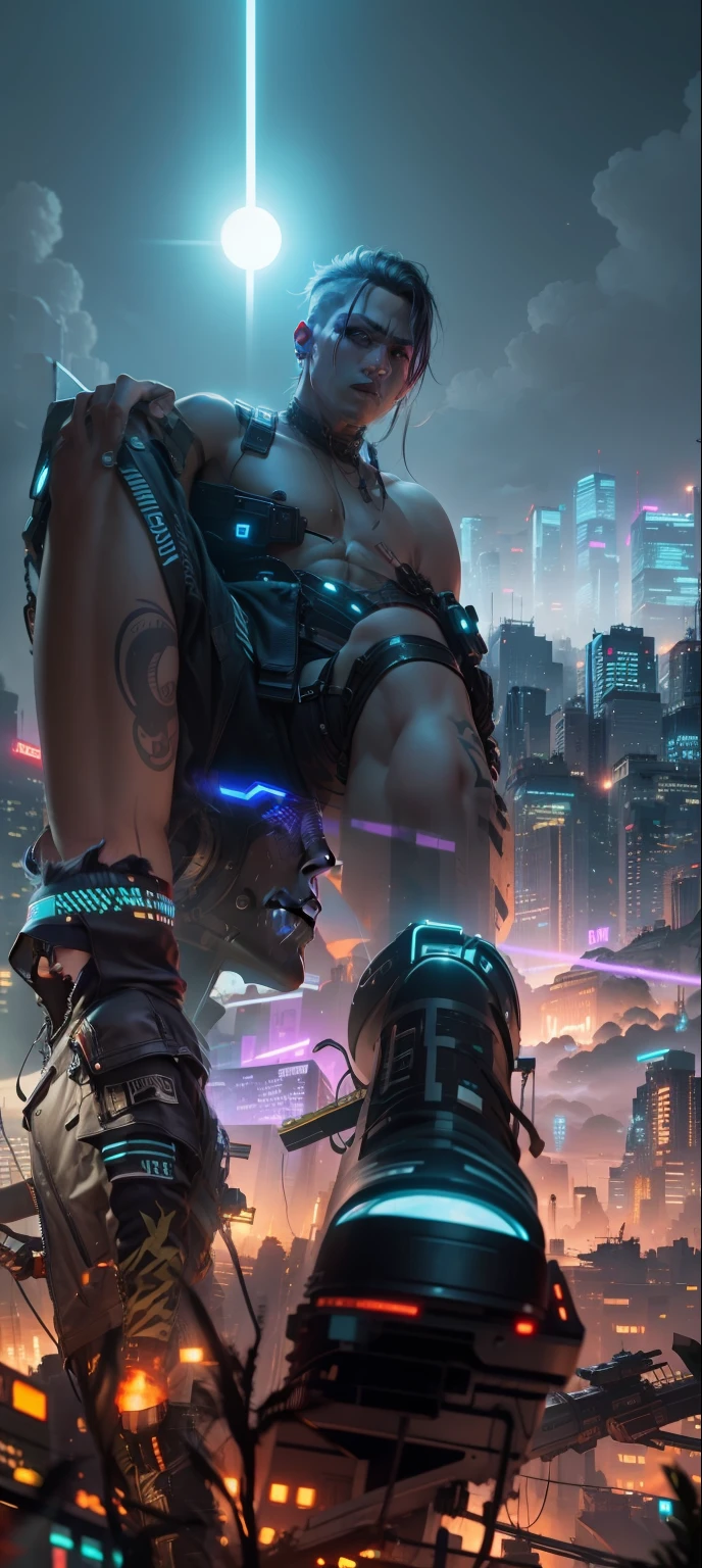 Cyberpunk look, realistic, male, full hd, cyberpunk city in background