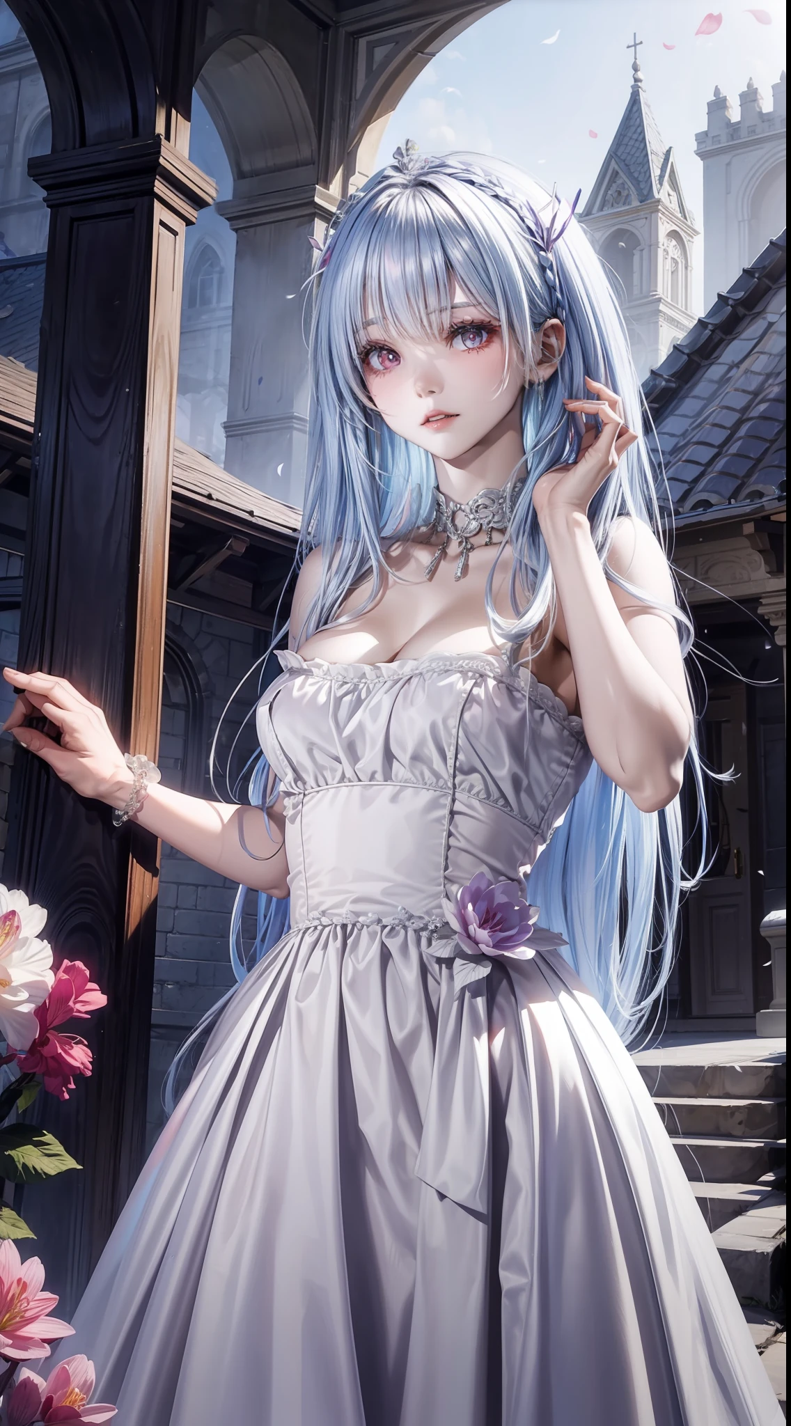 At a spring party a beautiful vampire walks through a garden on a clear night. She wears a garland of flowers in her hair, she has cold eyes and her skin lacks pigment, she wears a long, sober dress with a sweetheart neckline.