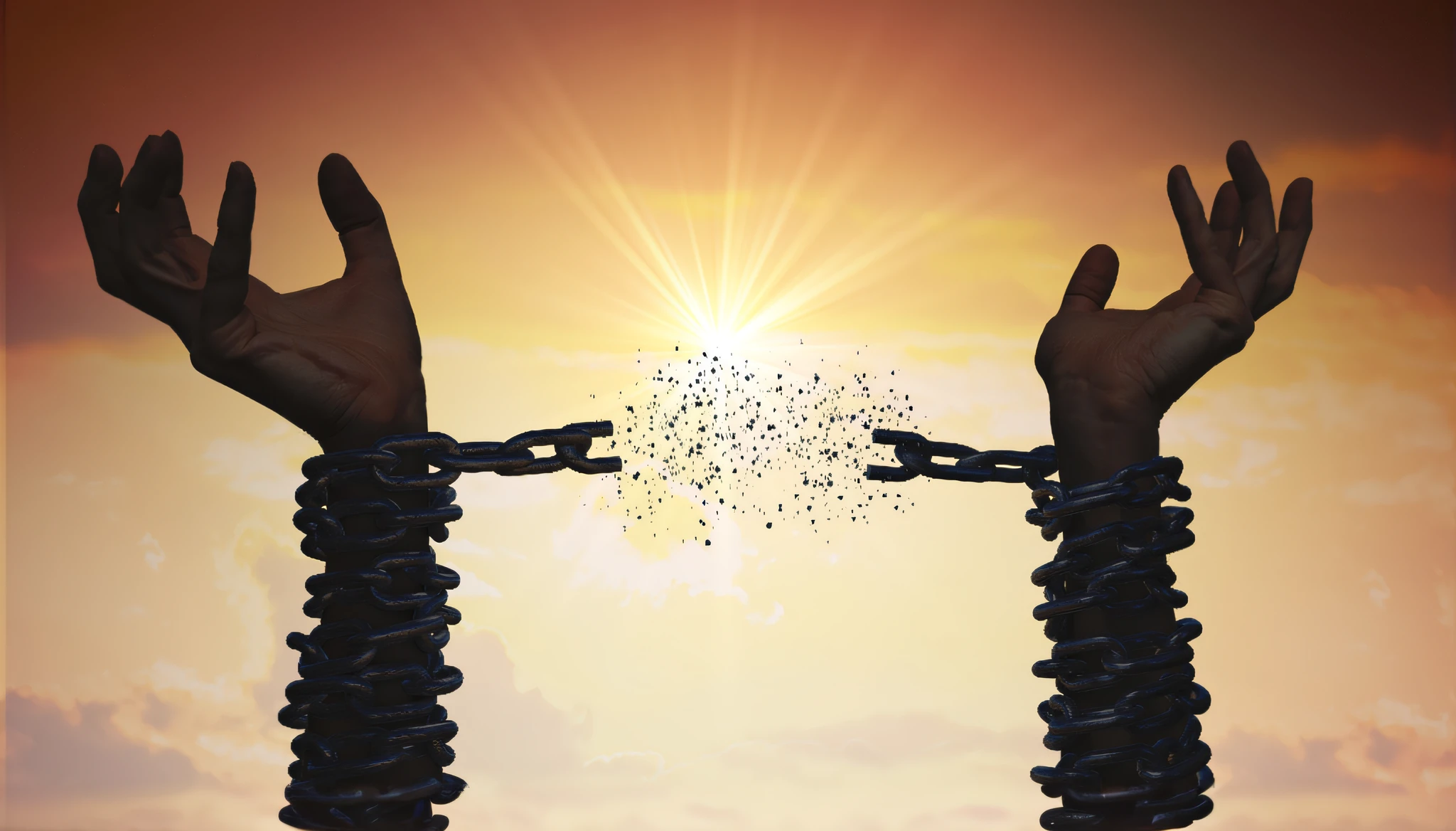 Someone chained to his hands, circuits, torn in the hands, Slumbering in chains, dragging a bunch of chains, chains on the hands, High level of rendering, Broken shackles, Artistic render, fetters, Demonstration, depicted as a 3 d render, manipulation, Holding gold chains in his hands, sun setting, ((fetters)), freedom, loss of control over your life, circuits