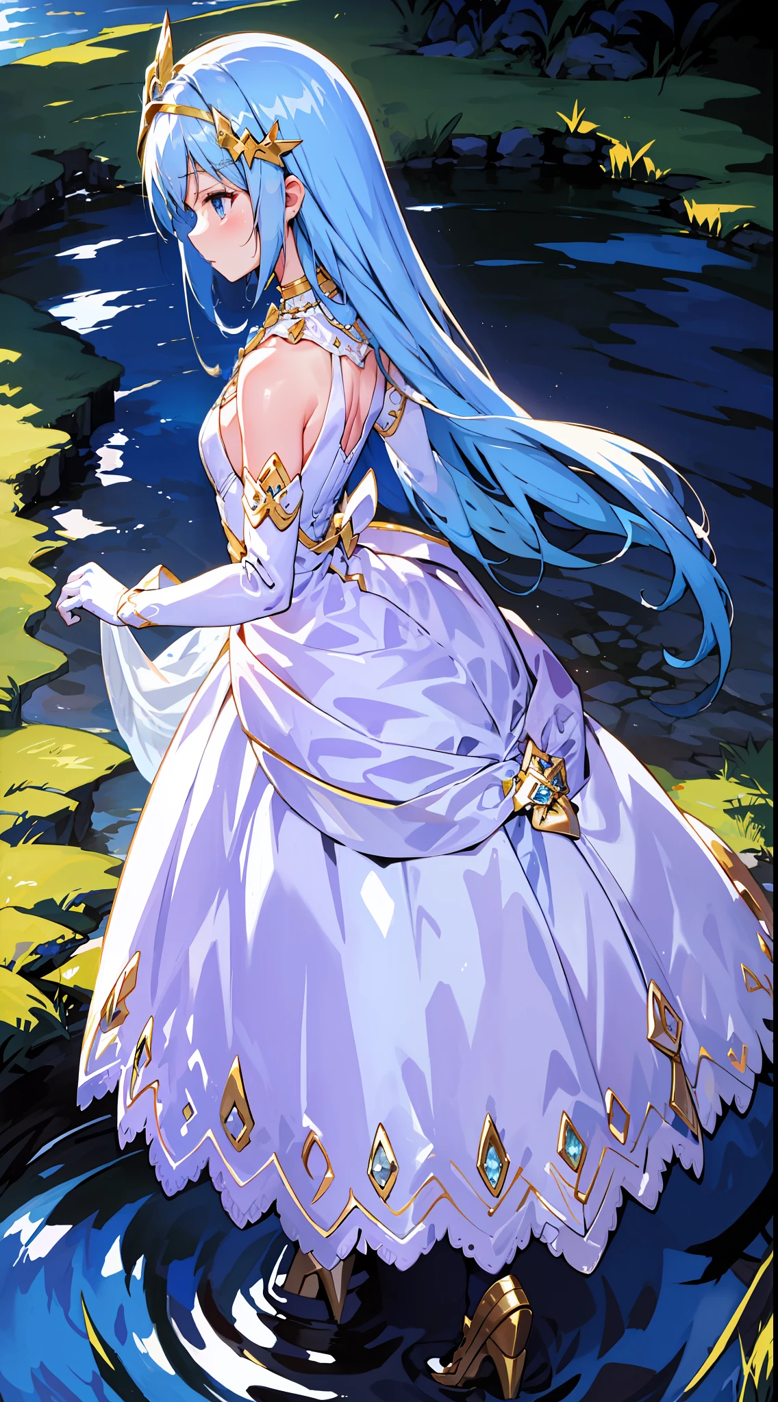 head gear，Gem Necklace，（white dresses，Purple lace），Long-sleeved lace gloves，Crystal heels，Fantasy art，with blue sky and white clouds，small bridge flowing water，（Long platinum hair，sapphire blue eyes），Thin muscles