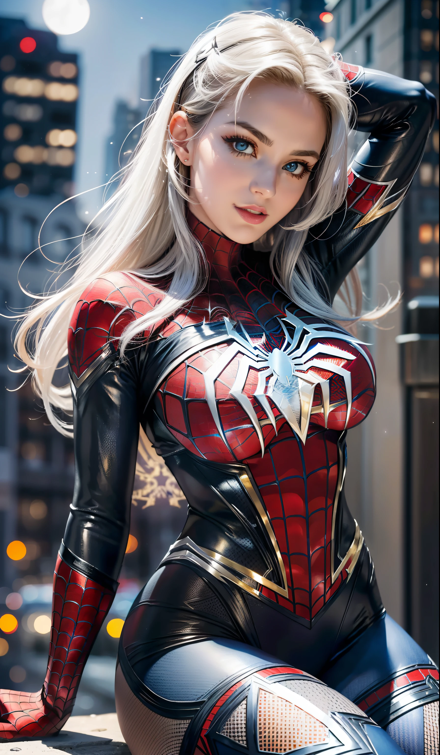 (Meisterwerk:1.4), (8K, fotorealistisch, RAW-Foto, best quality: 1.4), Japanisch, (1girls), Beautiful face, (Realistisches Gesicht:1.4), (White hair, Lange Haare:1.3), beautiful hairstyle, beautiful detailed eyes, (best ratio eyes:1.5), Attraktiv, ultra-high resolution, ultra realistisch, Highly detailed, best ratio, (detailliertes Gesicht:1.4), Blick auf den Betrachter, rote Lippenstifte, (best ratio fingers:1.5), (White superhero theme, charismatisch, there's a girl on top of town, Wearing Lingerie Spider-Man Costume, Sie ist eine Superheldin), [ ((25 Jahre), full entire body, (realistische blaue Augen:1.2), ((Spider-Man-Pose), show of strength, jumping from one building to another), ((sandy urban environment):0.8)| (Stadtbild, Bei Nacht, Dynamische Leuchten), (Vollmond))] # Explanation: The Prompt mainly describes a 4K painting of ultra-high definition, sehr realistisch, sehr detailliert. Es zeigt eine Superheldin an der Spitze der Stadt, wearing a Spider-Man costume. The theme in the painting is a white superhero theme, the female protagonist has long white hair, is 25 years old and her entire body is shown in the painting. In Bezug auf die Darstellung der Handlungen von Superheldinnen, Spinnen werden eingesetzt, (Kein BH:1.4), lebhaft_Brustwarzen, ((herausgestellt_Brustwarzen, exposed breasts, high proportional realistic breasts, realistic big breasts):1.3), (geschlossener Mund:1.4), (Kamel_toe_Muschi:1.3), Innie_Muschi,