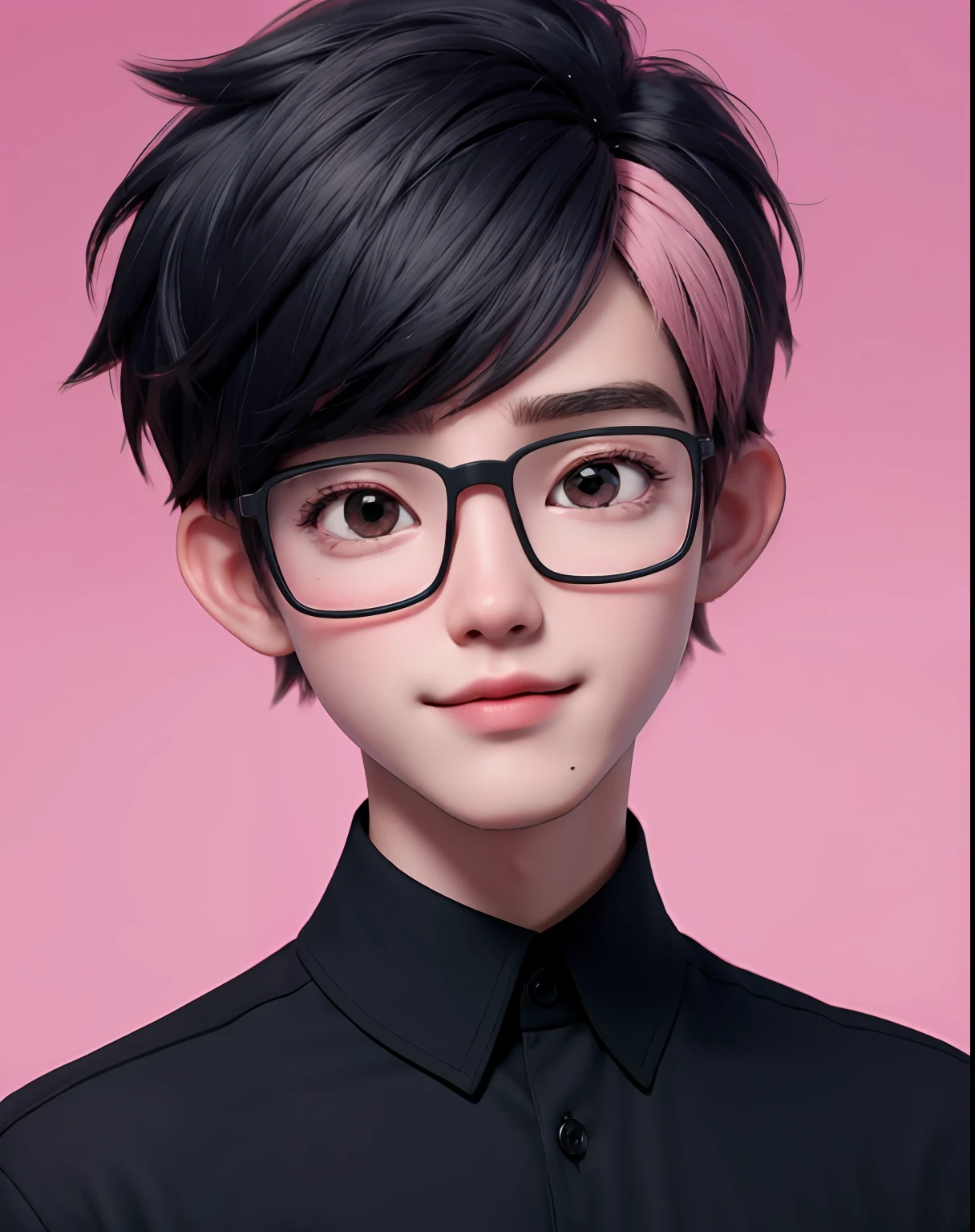 best quality, 1boy, solo, cartoon portrait , simple background, short hair, pink lips, black hair, black shirt, black glasses