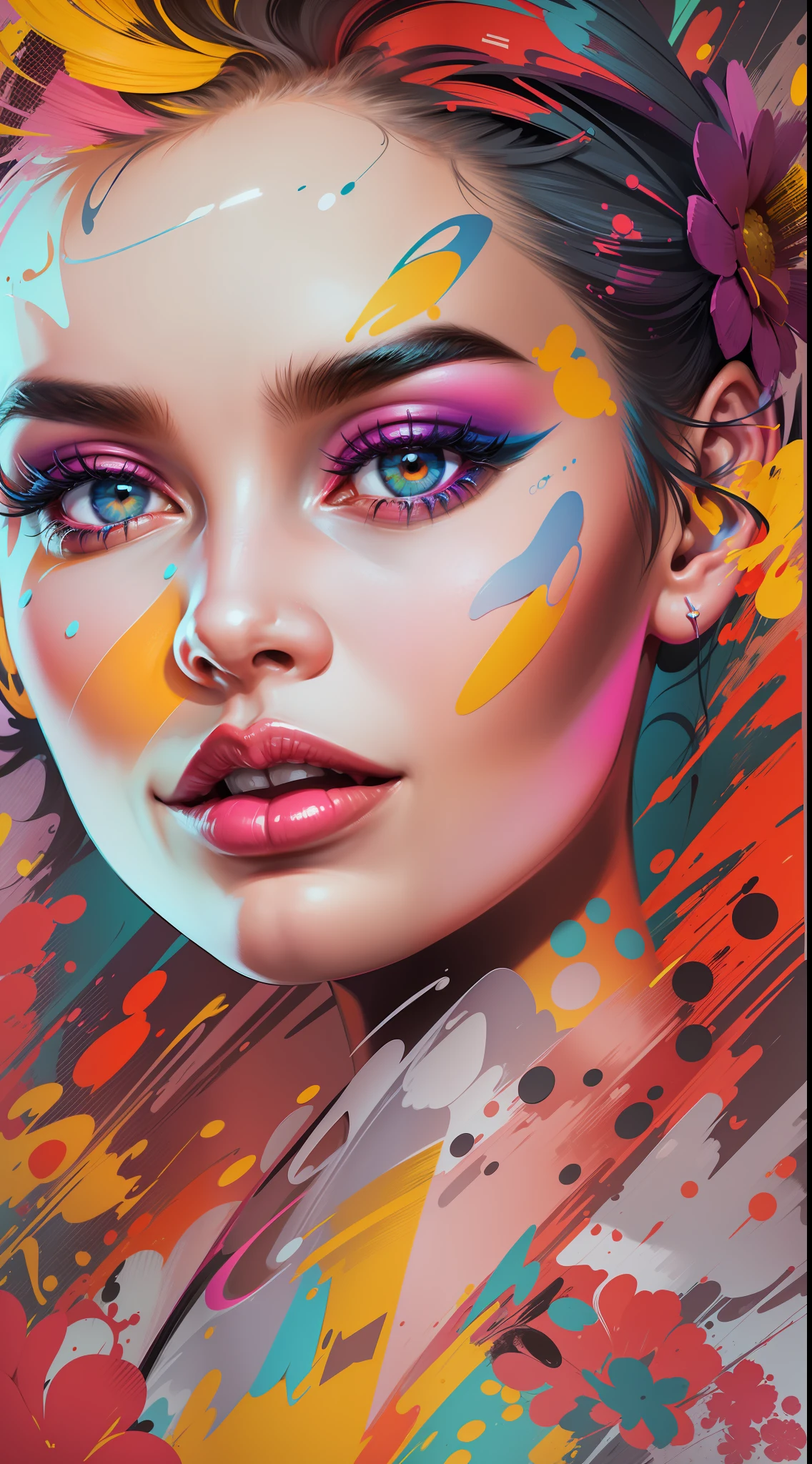 Create a digital art work in pop art style, featureing a vibrant and confident woman with bold makeup and colorfull fashion, cinematic color scheme, surrounded by abstract flower patterns, energtic brushstrokes,the mood should be dynamic.