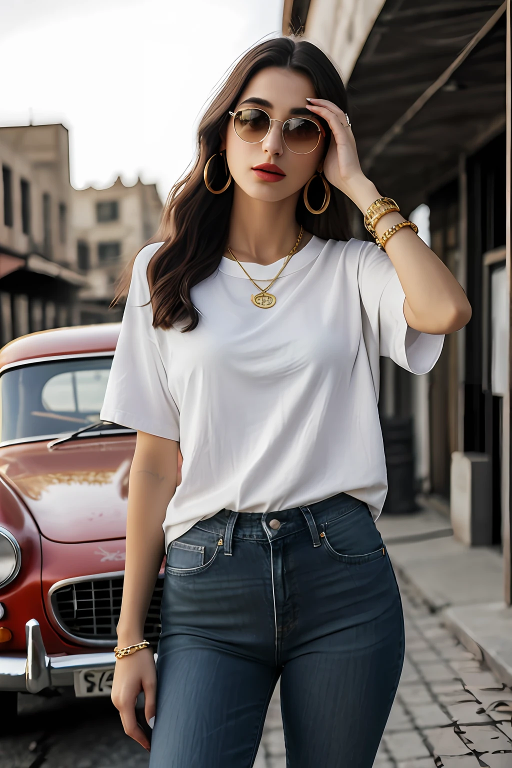 (RAW photo, realism: 1.8), (dark lip gloss, dull lipstick, many eyelashes, black eye shadow, shy, blushing, high quality, high resolution, depth of field, chromatic aberration, caustic, wide light, natural colors, 25 year old woman), in vintage dark sunglasses, thin gold chain, small earrings, gold bracelets, wear many accessories, large breasts, style a seriousness,
((Best Quality, 8k, Masterpiece:1.3)), Focus: 1.2, Perfect Body Beauty: 1.4, Arabian 25 years old woman: 1.2, (long weavy black hairs)), (Black baggy basic tee-shirt:1.1), Basic full body length tee-shirt, grey torn style skinny jeans, long jeans: 1.1, Highly detailed face and skin texture, Detailed eyes, Double eyelids, toned body, Whitened skin, minor smile, large breasts, toned legs, beautiful feets, long heel's, detailed feets and fingers, perfect feet's, toned legs, whitened skin, detailed sharp eyes and face, middle eastern woman, full length baggy basic tee-shirt, Black plain Baggy Tee-shirt, toned hips, 8K UHD, thin gold chain in neck, model looks, wearing wrist watch, bracelet, bangle's open legs style Posing, daylight, dusty and sunny, standing at ruined city, dusty atmosphere, full body shot, heel's, sunlight raises on background, standing near old gas station with old vintage cars in background, Volvo P1800, El Camino,