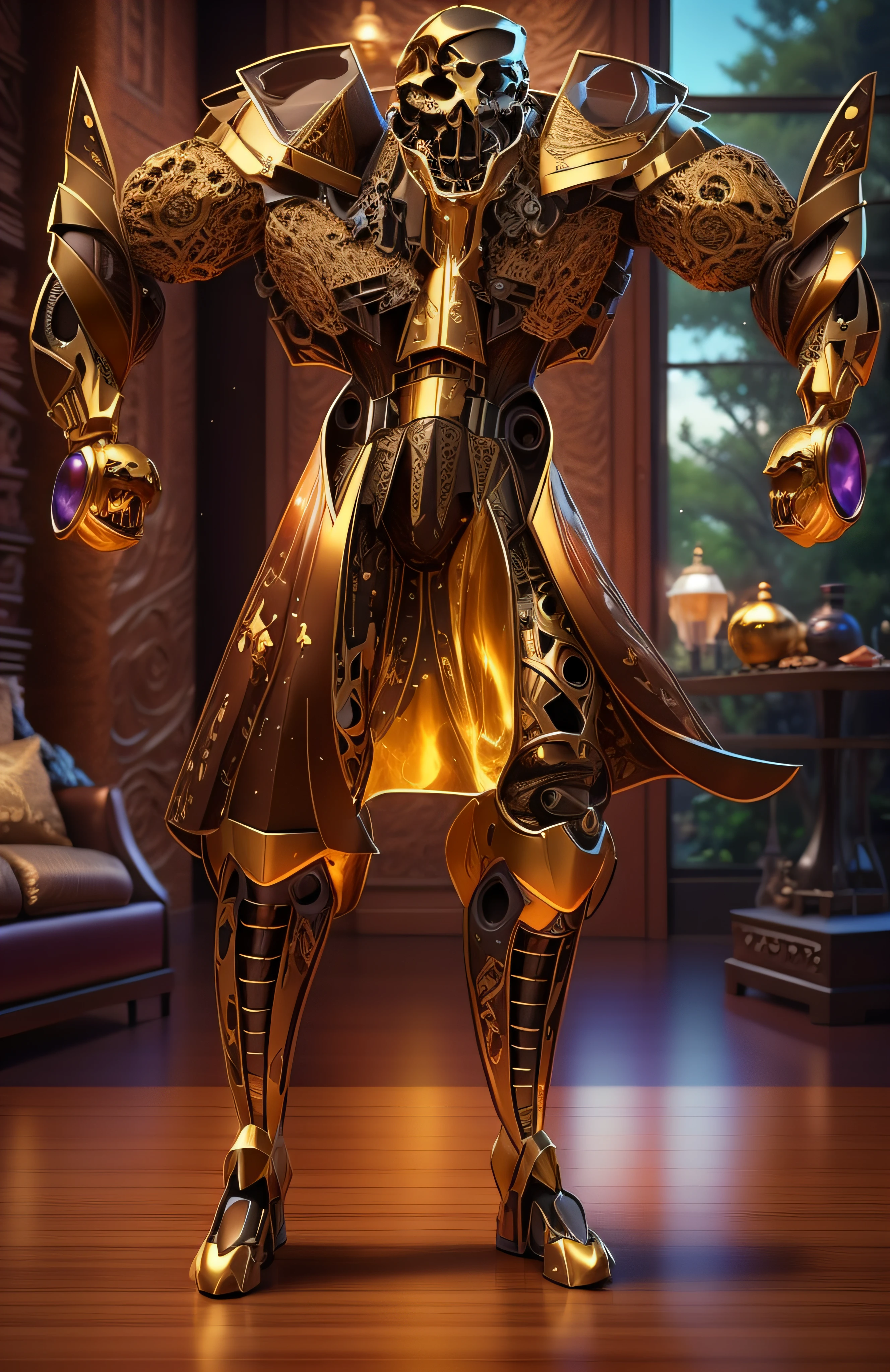 The sinister depiction of a skull-themed pirta, cor de laranja luminosa e bege com dourado, pele feita de neon amarelo, 3D-rendering, Hyper-realistic graphics, 3D-rendering, 8k, NVIDIA, RTX 4090 | | | | | | | | | | | | | |, ray tracing, Bokeh, Galaxy scenery,