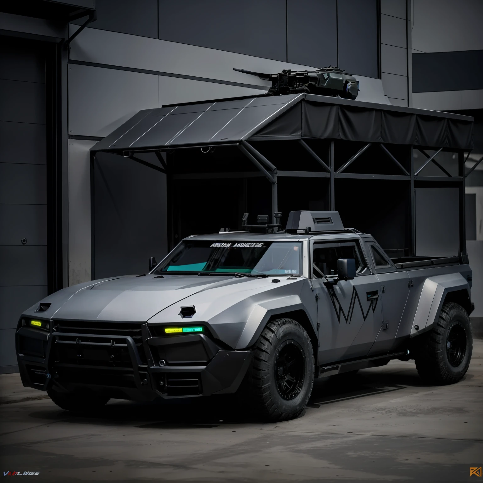 Cyberpunk Black Military Utility Truck, neon light, Cyberpunk Scenario, cores vibrantes,