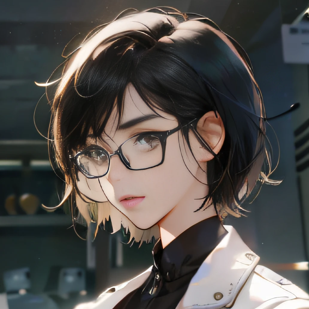 (tmasterpiece,A high resolution,ultra - detailed:1.0),1 girl,Beautiful face,(eyes looking to camera:1.2), (Adult female:1.3), Complicated details, color difference, Depth of field,dramatic shadow, Ray tracing, Best quality, Cinematic lighting, (glasses, short black hair,Brown eyes),