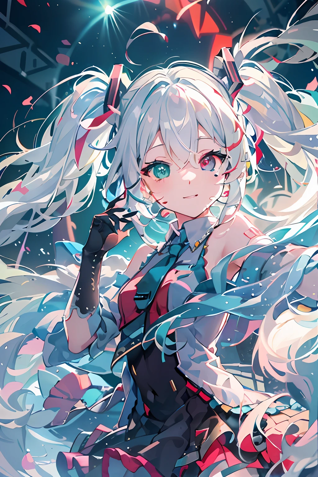 masterpiece, best quality, ultra-detailed, illustration, an extremely delicate and beautiful,
1girl, solo, light smile,
Hatsune Miku,twintails,(live stage), Particles of Light, ((white hair)), fluffy hair, ((((heterochromia)))), ((red eye)), green eye