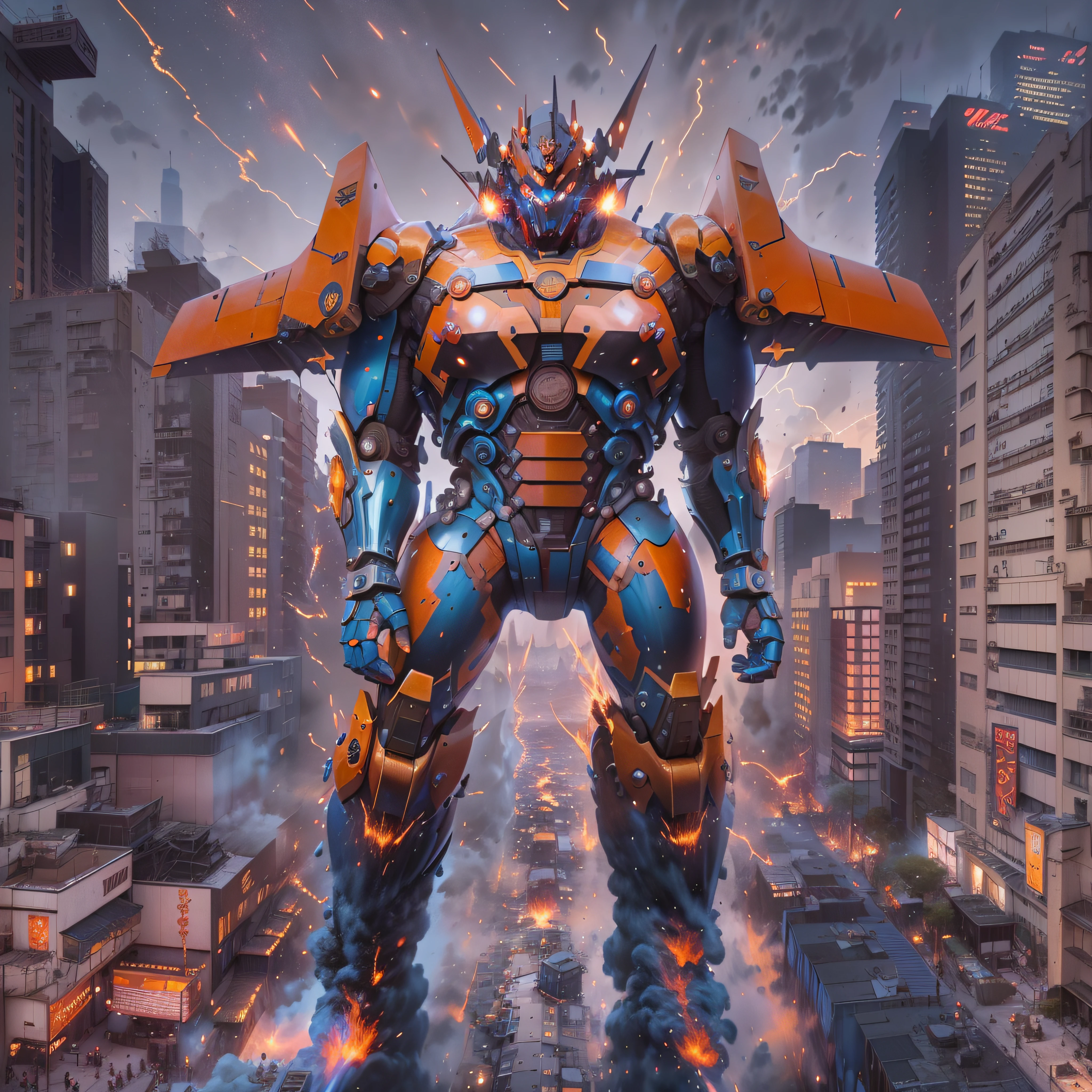 An incredible color aerial view daguerrotype of realistic looking Mazinger Z. a towering giant robot, standing at 20 meters tall. It boasts a powerful and robust frame, adorned with vibrant red and blue colors. Its head features a horn-like crest and glowing eyes. With rocket-powered fists and energy-based laser cannons, it's a formidable force. Dynamic visual effects, like flames and sparks, highlight its immense power. It represents strength, courage, and unwavering determination in the face of adversity. He is fighting against a Kaiju, a horrid intergalactic outer space foul ogre in the middle of Tokio, Japan, in 1973. You can see the perfect details in his body made of a rare metal alloy. Encaustic