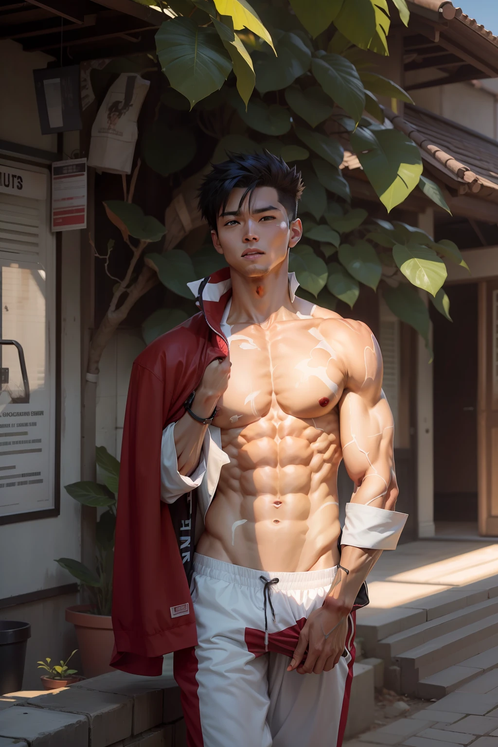 Anime, six pack abs, workout body, muscle mass, broad chest