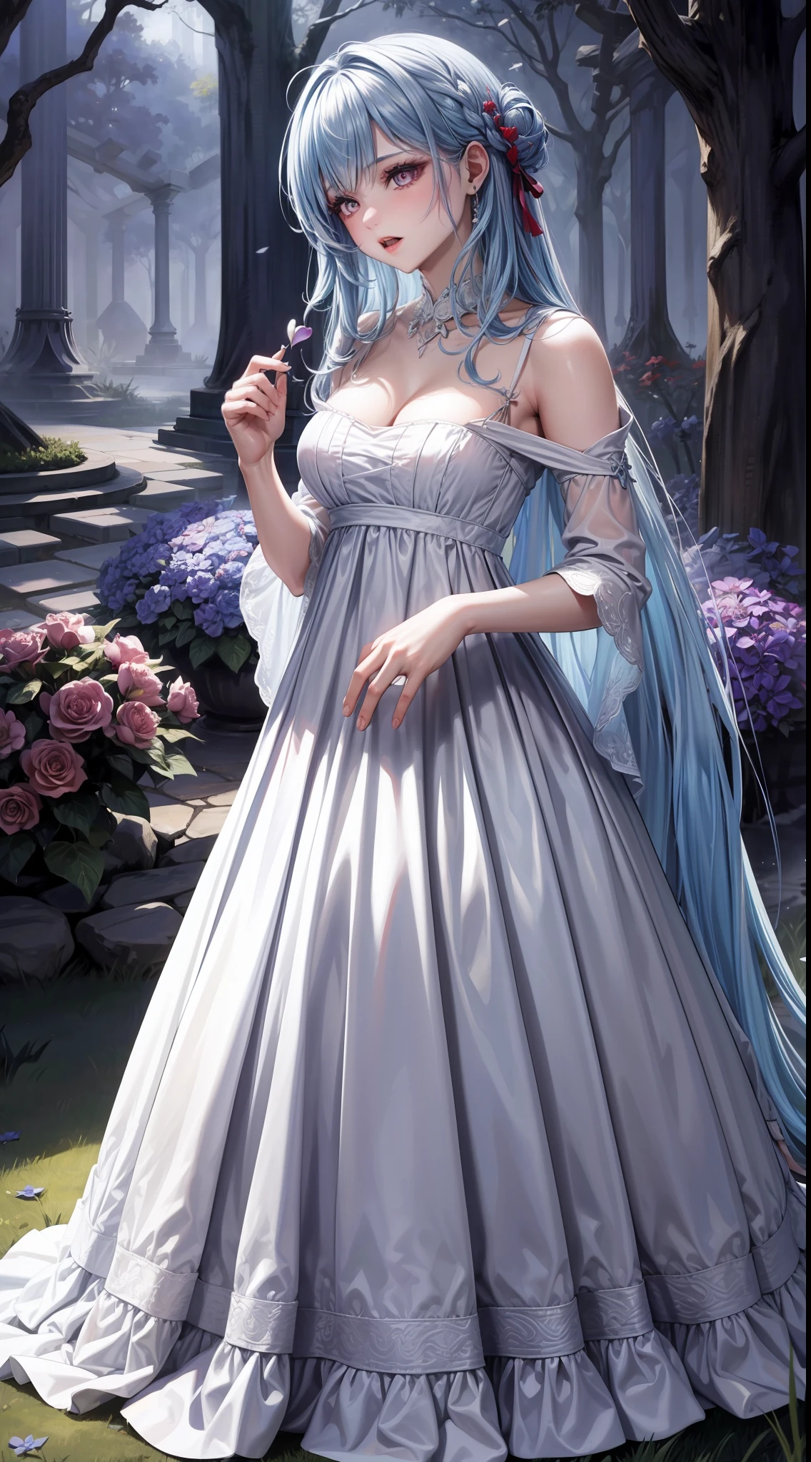 En una fiesta de primavera, A beautiful vampire walks through a garden on a clear night. Ella lleva una guirnalda de flores en su cabello, You have cold eyes and your skin lacks pigment., Ella lleva un largo, Sober dress with heart neckline.