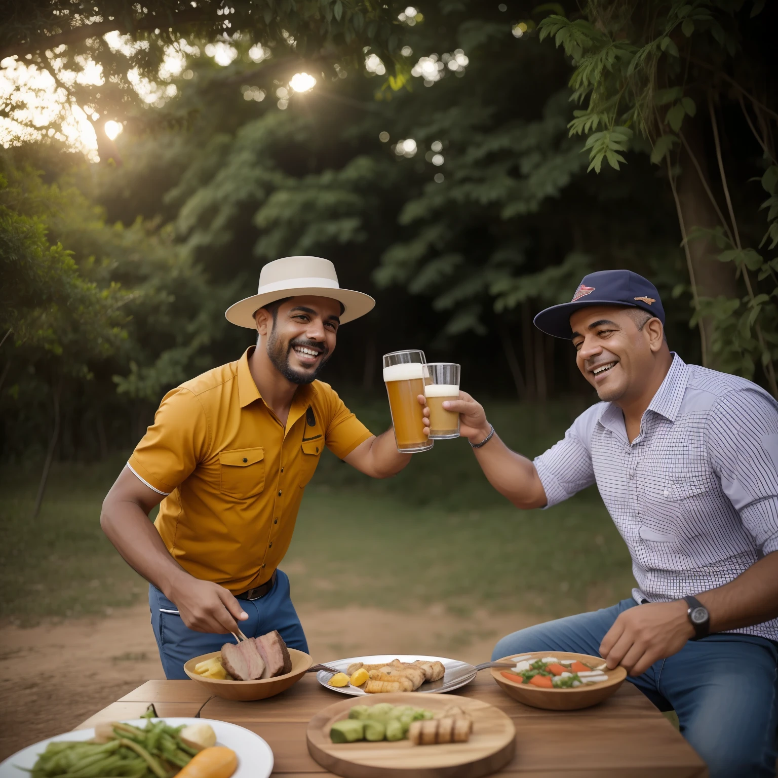 dois homens no quintal fazendo churrasco e bebendo cerveja, se divertindo, pessoas sorrindo, fotografia de alta qualidade, homens de 50 anos segurando garrafas de cerveja, pai e filho, roupas casuais e leves, foto precisa e detalhada, foto de propaganda , ambiente espacoso, Average distance,