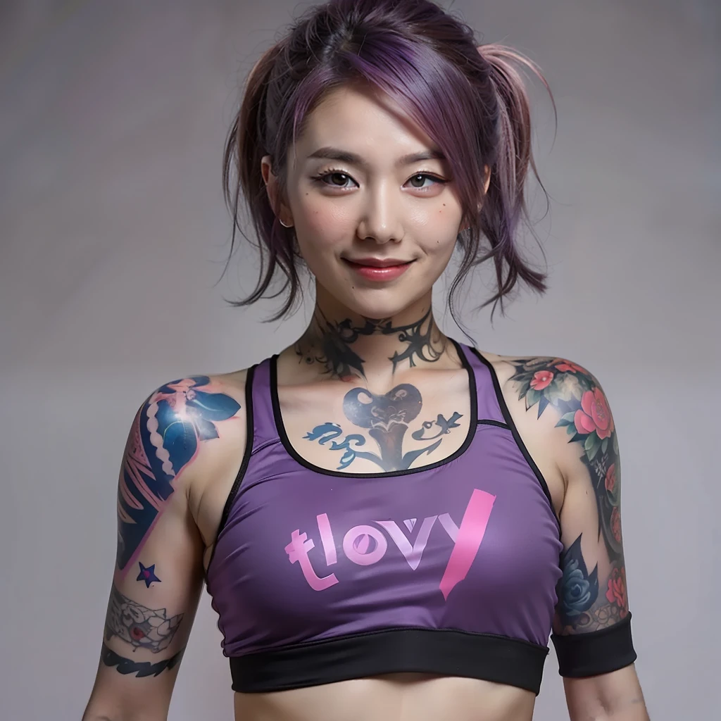 ultra realistic, professional lighting, 1girl, japanese, purple hair (hair up to the neck; loose hair) full body photo (fully tattooed body), blue left eye, purple right eye (bright eyes), sportive top (all pink; written "love"), small shorts (all black; small japan flag), MMA gloves (purple and black), front photo (crossed arms; looking at the camera; smiling; body facing forward)