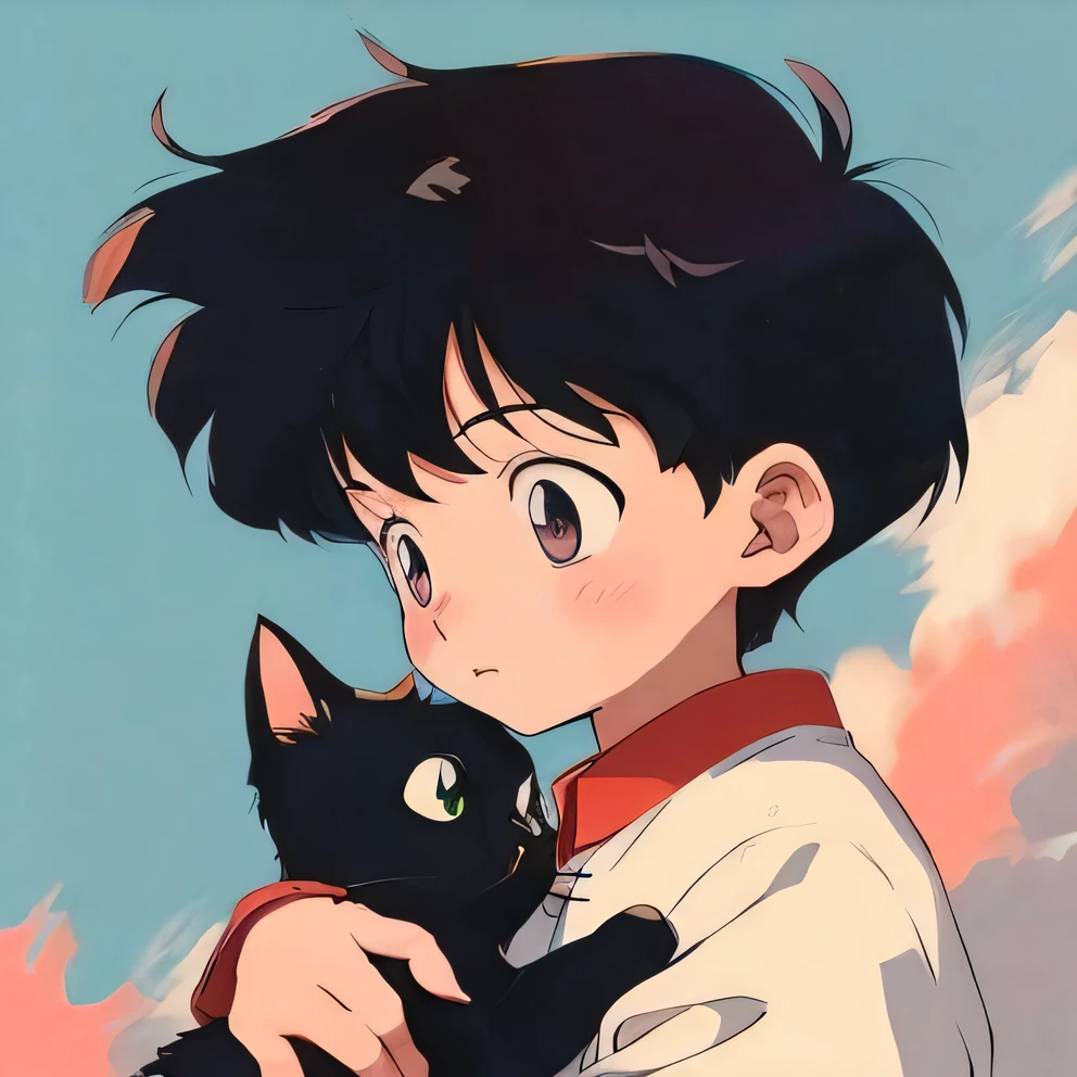 Anime boy with cute cat in his arms, ghibli and ilya kuvshinov, kikis delivery service, 9 0 s anime art style, anime visual of a cute cat, Boy with cat ears and tail, in the art style of 8 0 s anime, 8 0 s anime art style, Anime boy, In anime style, anime cat, kiki's delivery service