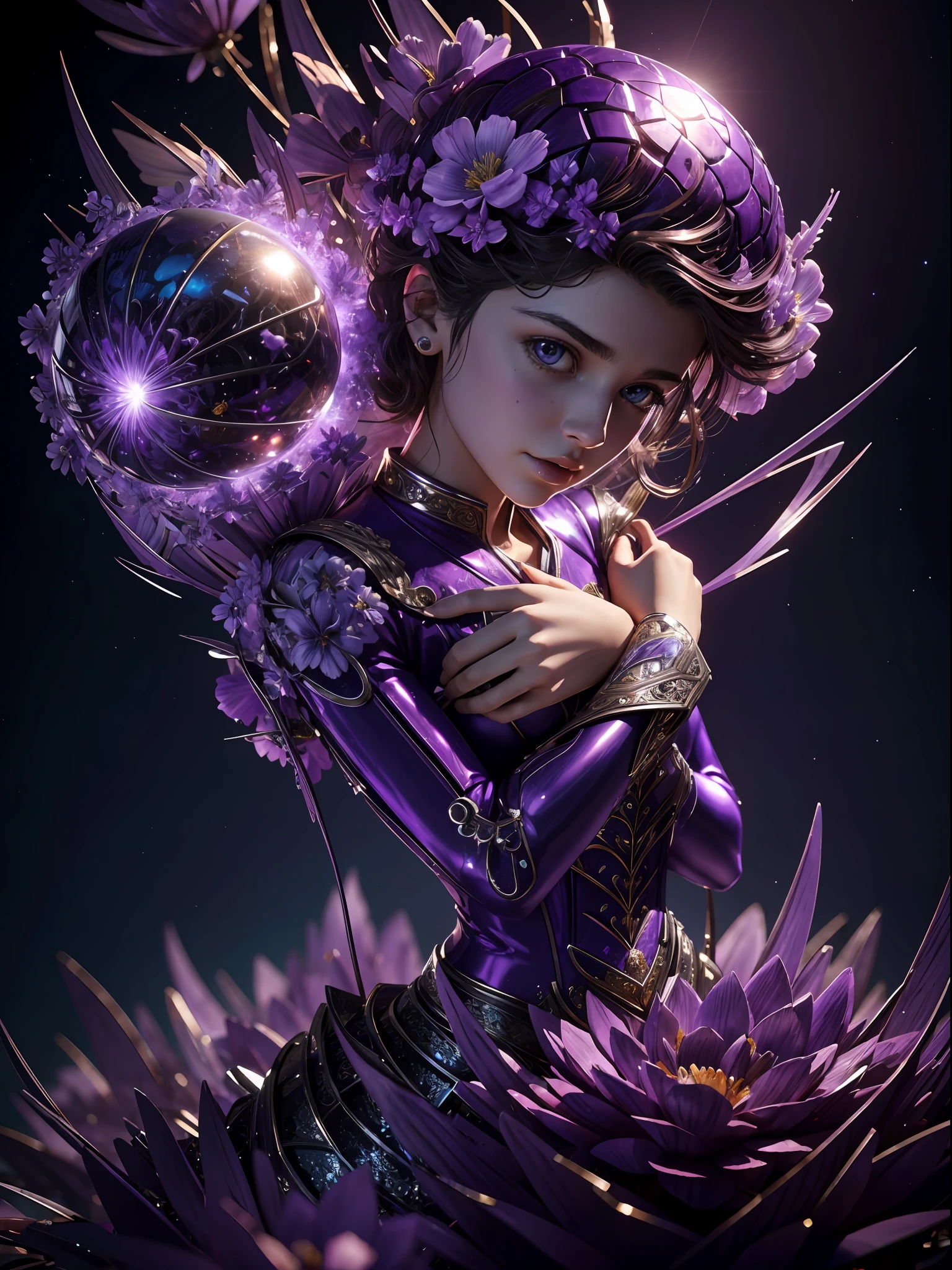 Incredible and spectacular scenes, ((high quality)), ((detailed)), ((fantasy)), "purple plasma brain, purple plasma body, realistic, best quality, 4K, flowers trapped in blisters at the top realistic, (handsome ager and beautiful girl hugging), full body portrait", image quality (3D rendering effect) , exquisite details,