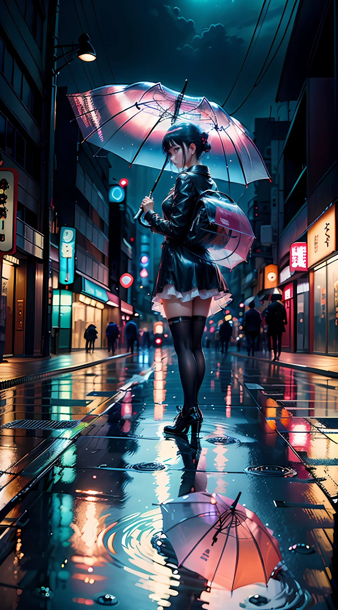 A transparent umbrella lying on the floor, Tokyo City, reflections on the floor, neon lights, Chuva, WATER DRIPS, anime scenery