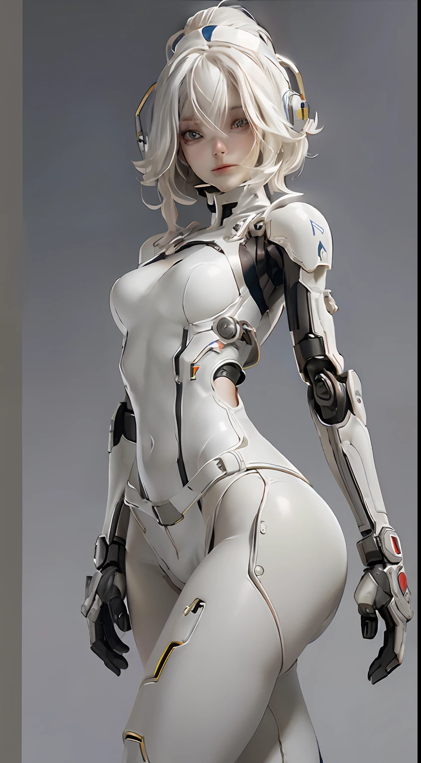 Extremely cute human eighteen year old girl face, human torso, human huge boobs, human abdomen, human hips, robotic arms, mechanical legs, arms and legs with hard white shiny shell and black joints, very beautiful and feminine, short, petite, small, small, busty buttocks, medium bust, cleavage display, flat belly display, partial helmet with antenna on the ear, black robot joints, very stylish, award-winning product design, black rubber tights, The shiny white metal breastplate opens at the cleavage and abdomen, the white metal buttocks are wrinkled, and the armor has stylish, glowing trims