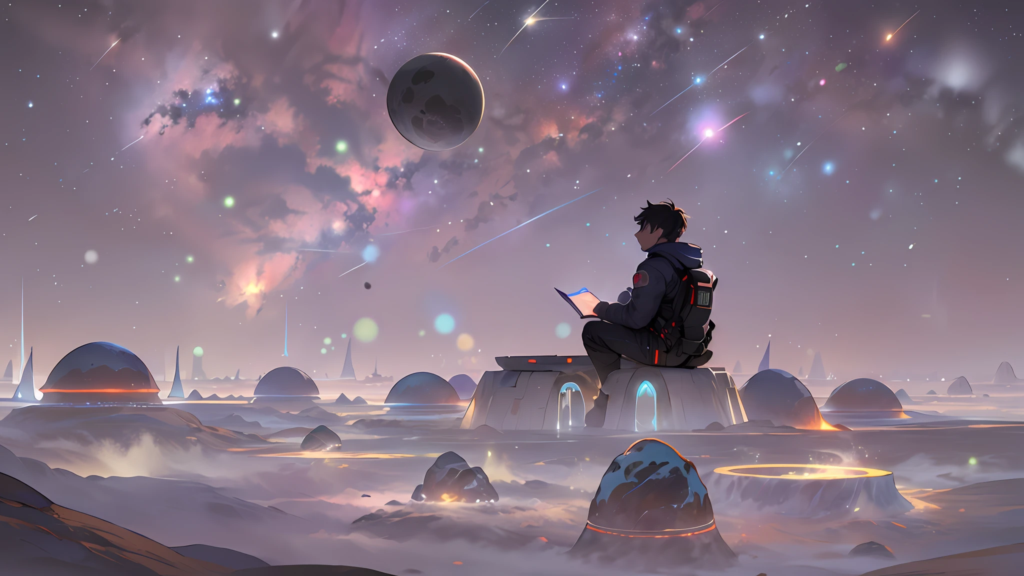 Draw a young programmer,Sit on a research platform floating in the middle of the asteroid belt。He was studying with a notebook,Surrounded by several asteroids that emit fiery rings。Dramatic illuminations from distant stars and planets illuminate the scene,A deep shadow was cast on the spacesuit。The young man looks confident and determined,Look at the vast and mysterious universe with amazement and respect