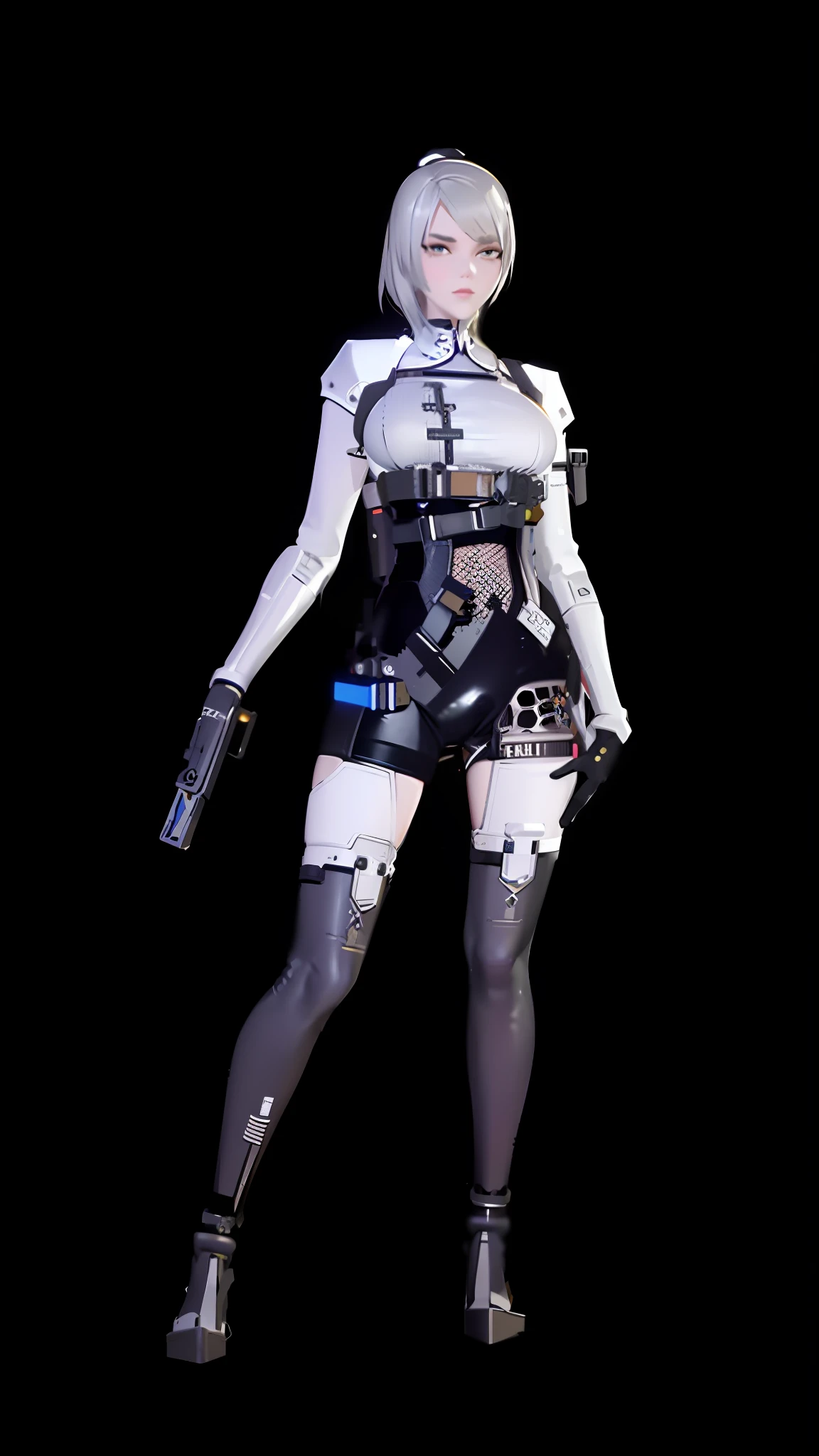Allard woman with a gun, inspired by Leng Mei, cyberpunk femme fatale, goth cybersuit, Katana Zero video game character, Naked,  cyberpunk pearl armor, fashionable cyberpunk mechanoid, render of april,