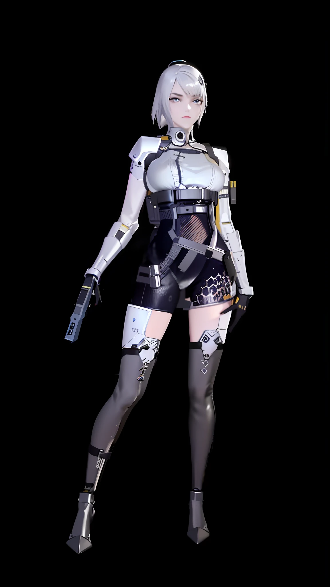 Allard woman with a gun, inspired by Leng Mei, cyberpunk femme fatale, goth cybersuit, Katana Zero video game character, Naked, cyberpunk pearl armor, fashionable cyberpunk mechanoid, render of april,