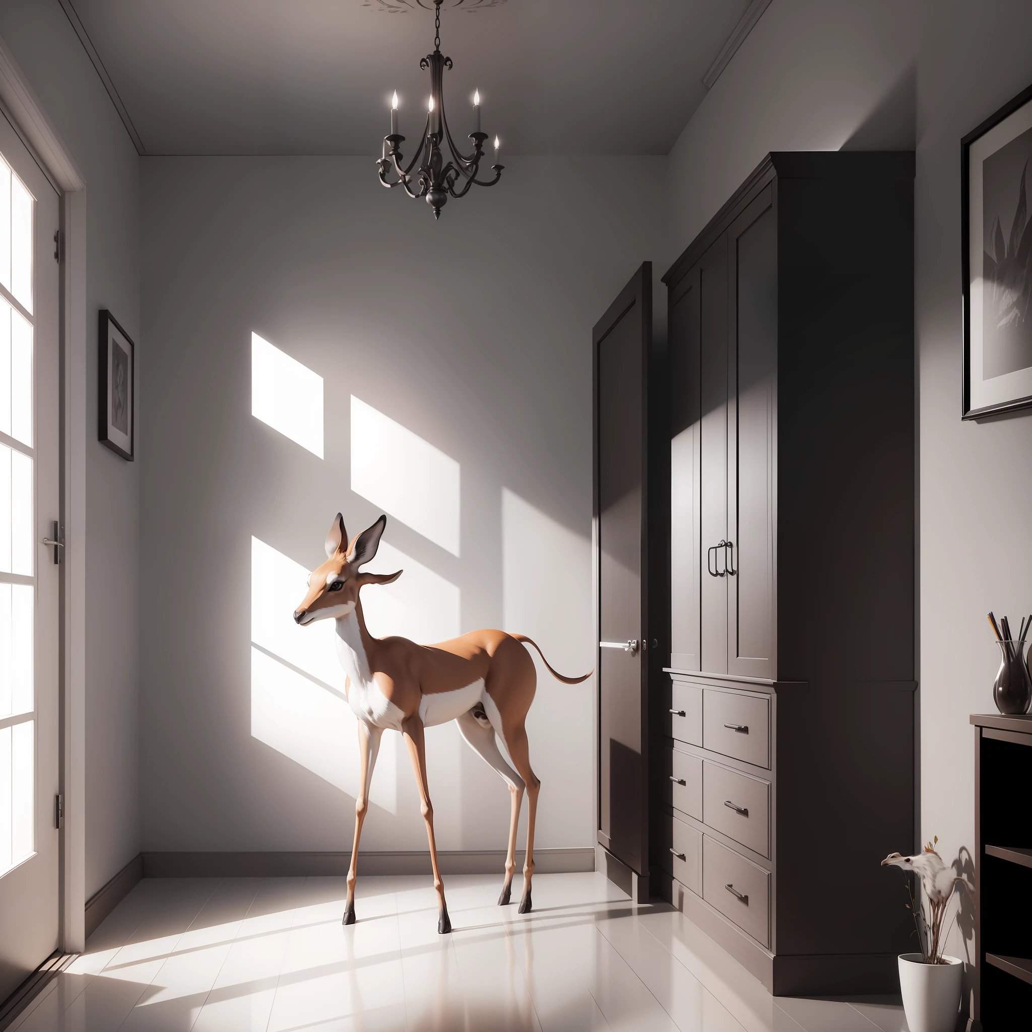 gazela magra, small antelope, Em um quarto, espelho, high resolution, desenho de fantasia, pencil strokes, preto e branco
