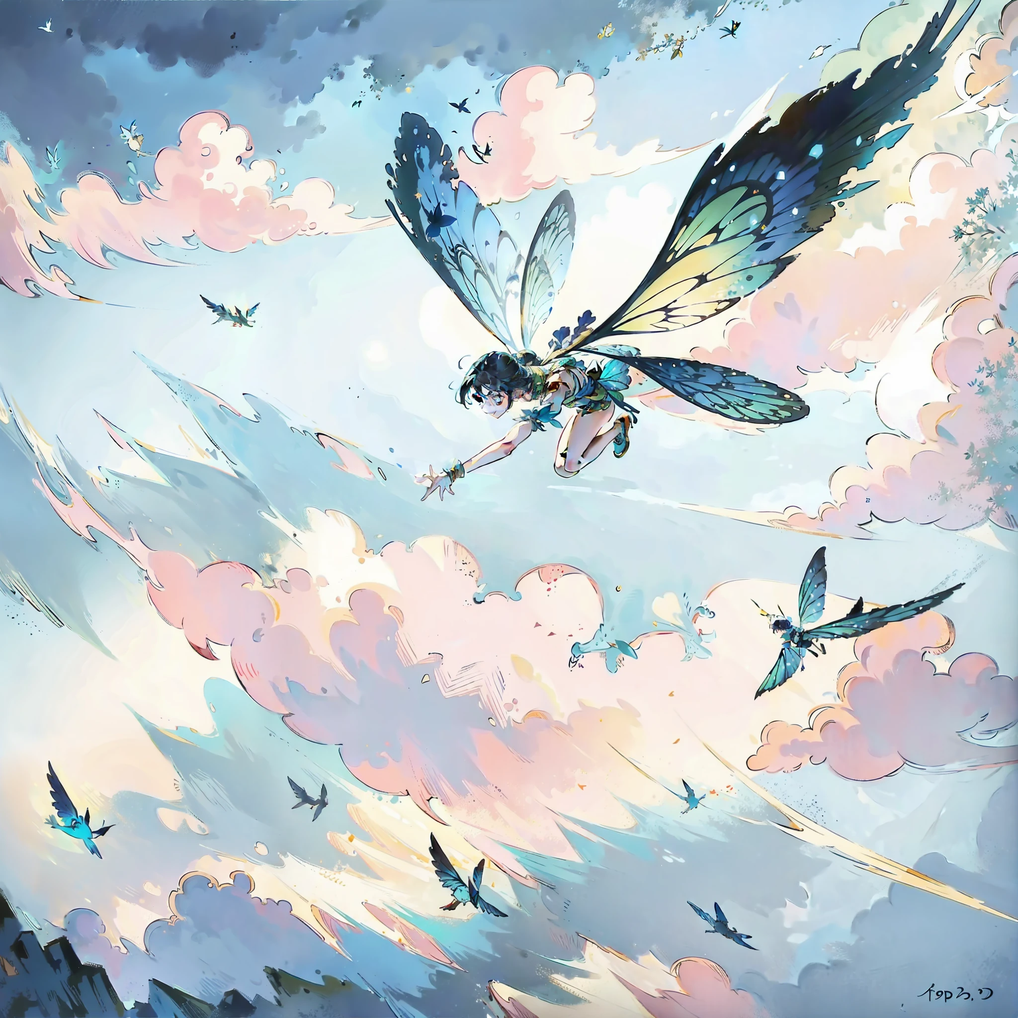 Antique illustration: Ancient fairies soar in the sky