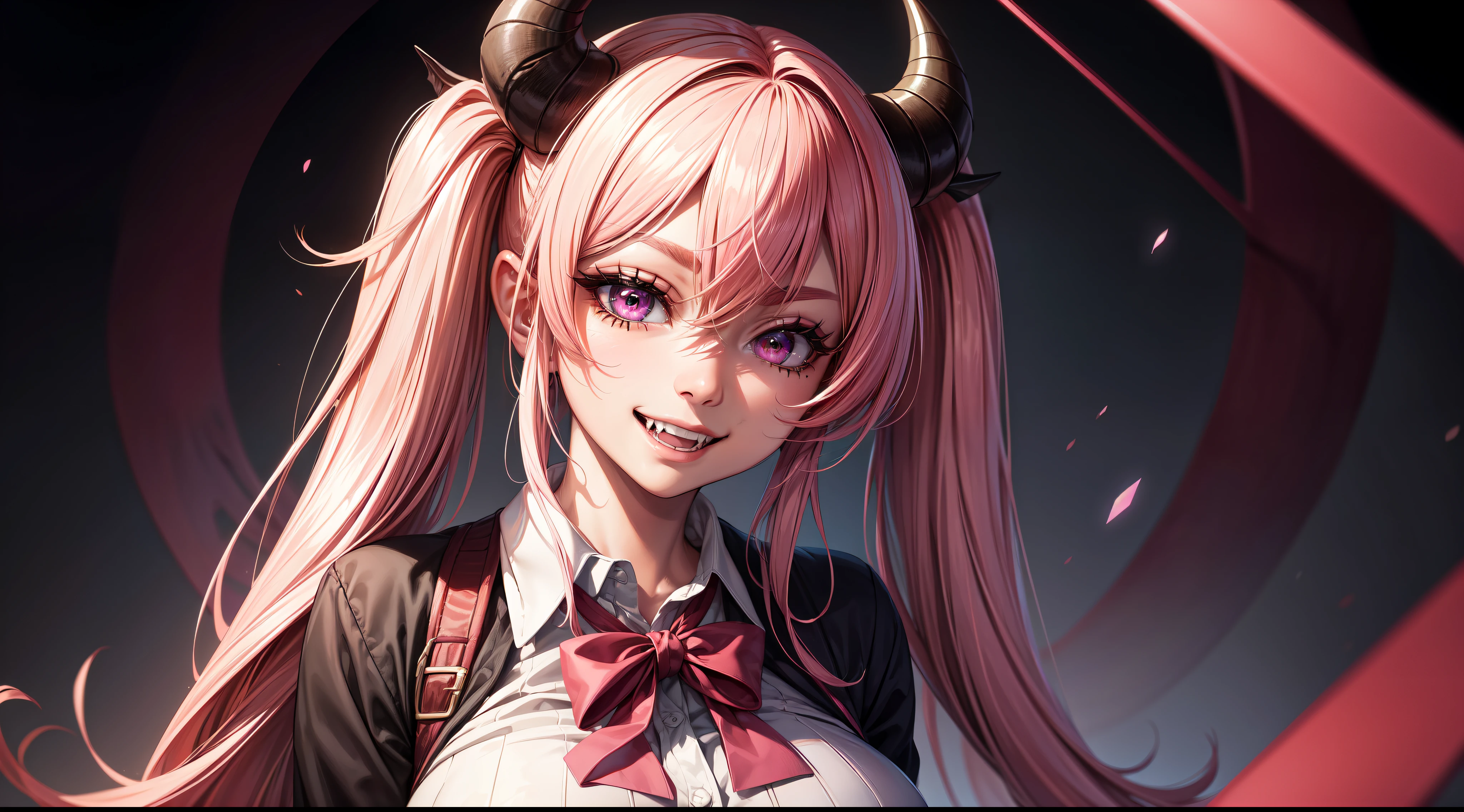4k, twin tails ,Lens flare, pink hair ,mascara, eyeliner, god rays, 4k, 8k, best quality, masterpiece, hyper detailed, intricate detail, 1girl, solo, detailed, Detailed fuschia hair ++, detailed pink eyes ++, raytracing, perfect shadow, highres, enhanced eyes, huge breasts, horns, succubus, evil grin, narrow eyebrows, seductive, fangs, hyper detailed, interesting background, , detailed face, detailed clothing. volumptuous, colourful background, evil smile, cardigan, mini skirt, laying, full body, school uniform