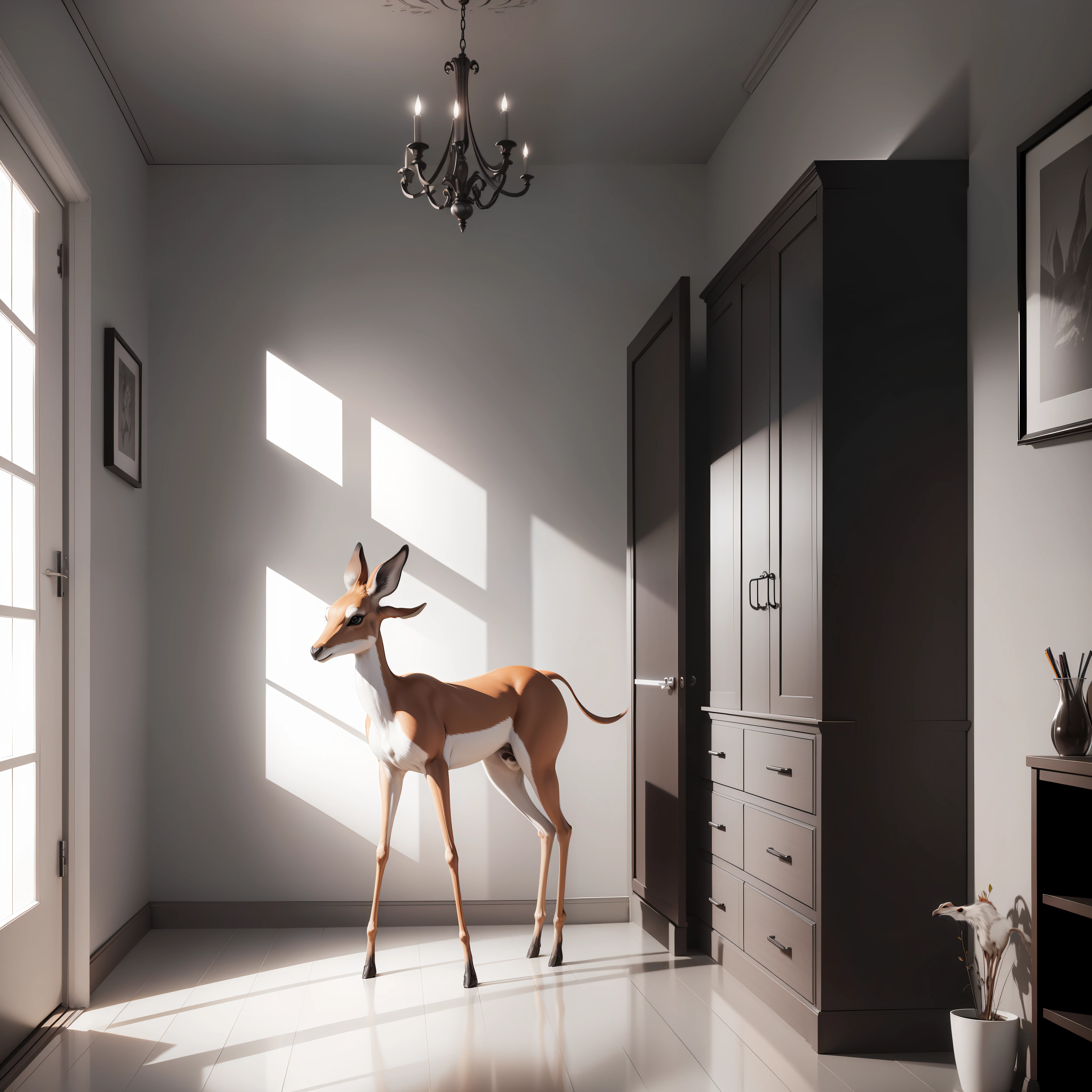 gazela magra, small antelope, Em um quarto, espelho, high resolution, desenho de fantasia, pencil strokes, preto e branco