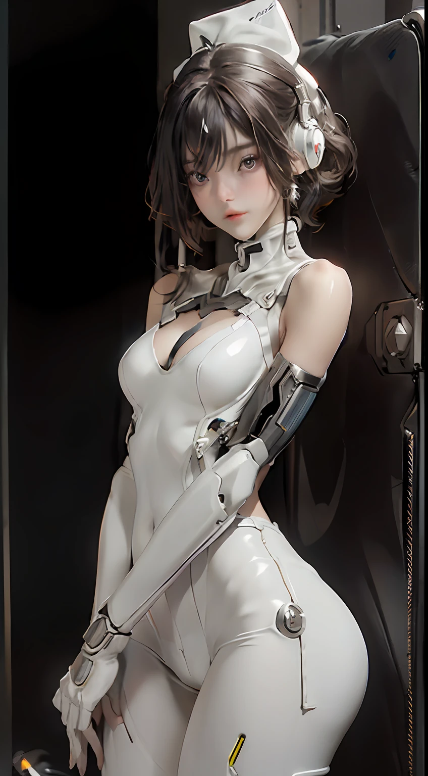 Extremely cute human eighteen year old girl face, human torso, human huge boobs, human abdomen, human hips, robotic arms, mechanical legs, arms and legs with hard white shiny shell and black joints, very beautiful and feminine, short, petite, small, small, busty buttocks, medium bust, cleavage display, flat belly display, partial helmet with antenna on the ear, black robot joints, very stylish, award-winning product design, black rubber tights, The shiny white metal breastplate opens at the cleavage and abdomen, the white metal buttocks are wrinkled, and the armor has stylish, glowing trims
