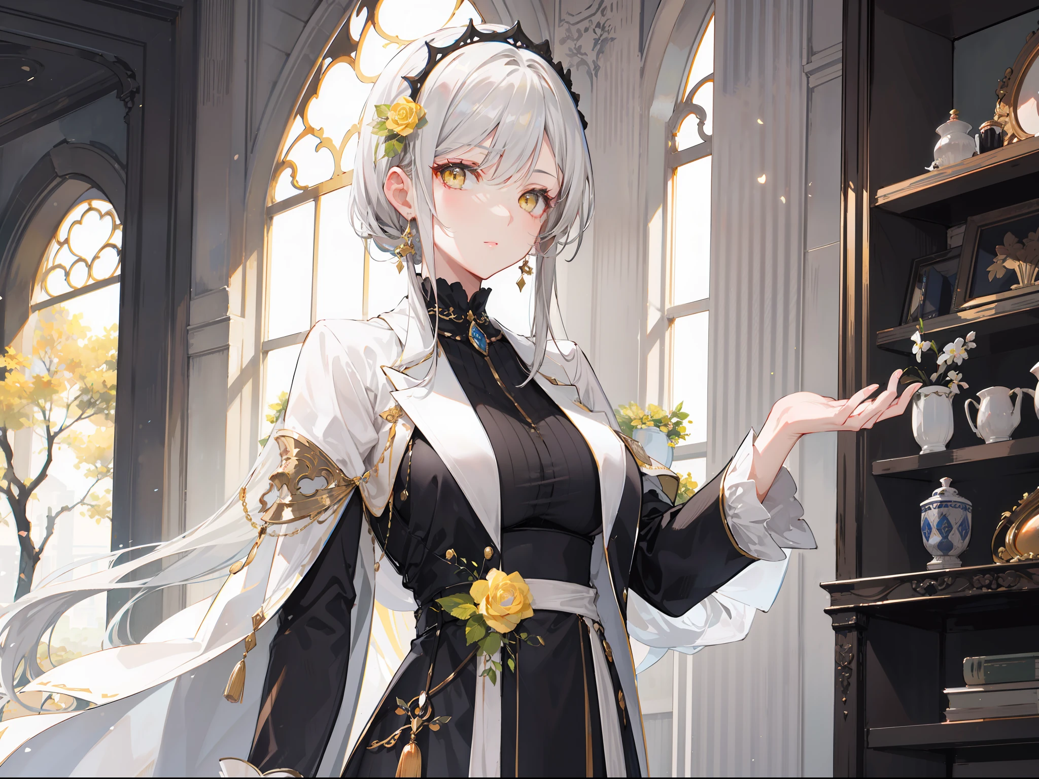 "Beautiful atmosphere, there is a beautiful mature woman with gray hair and yellow eyes, she is a servant of god."